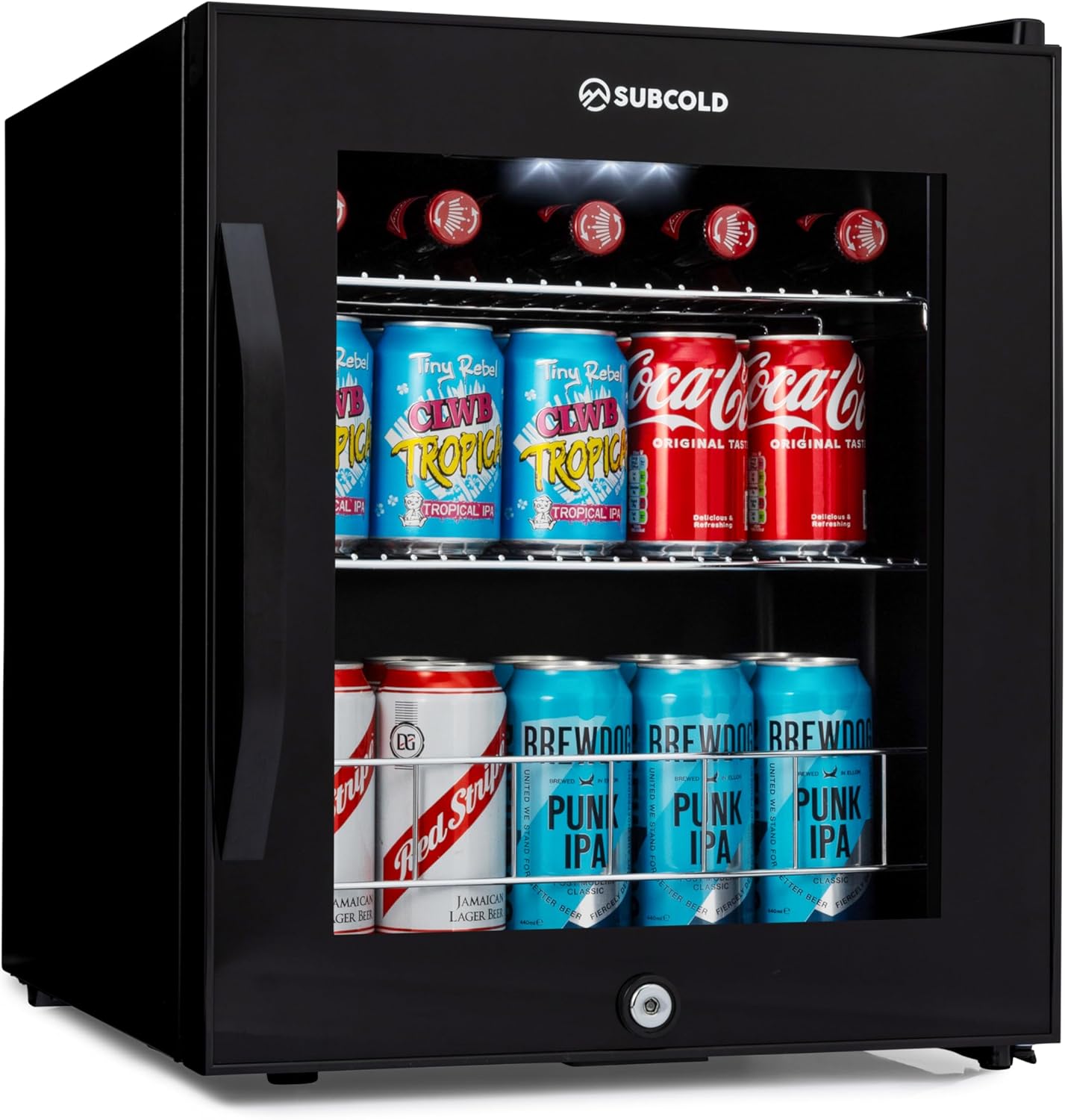 Subcold Ace50 LED Touch Control Beer Fridge With Glass Door | Premium Drinks & Wine Mini Fridge | Black Alu Handle, Quiet & Lockable | 62 Cans | Ideal for Bedrooms and Table Top.