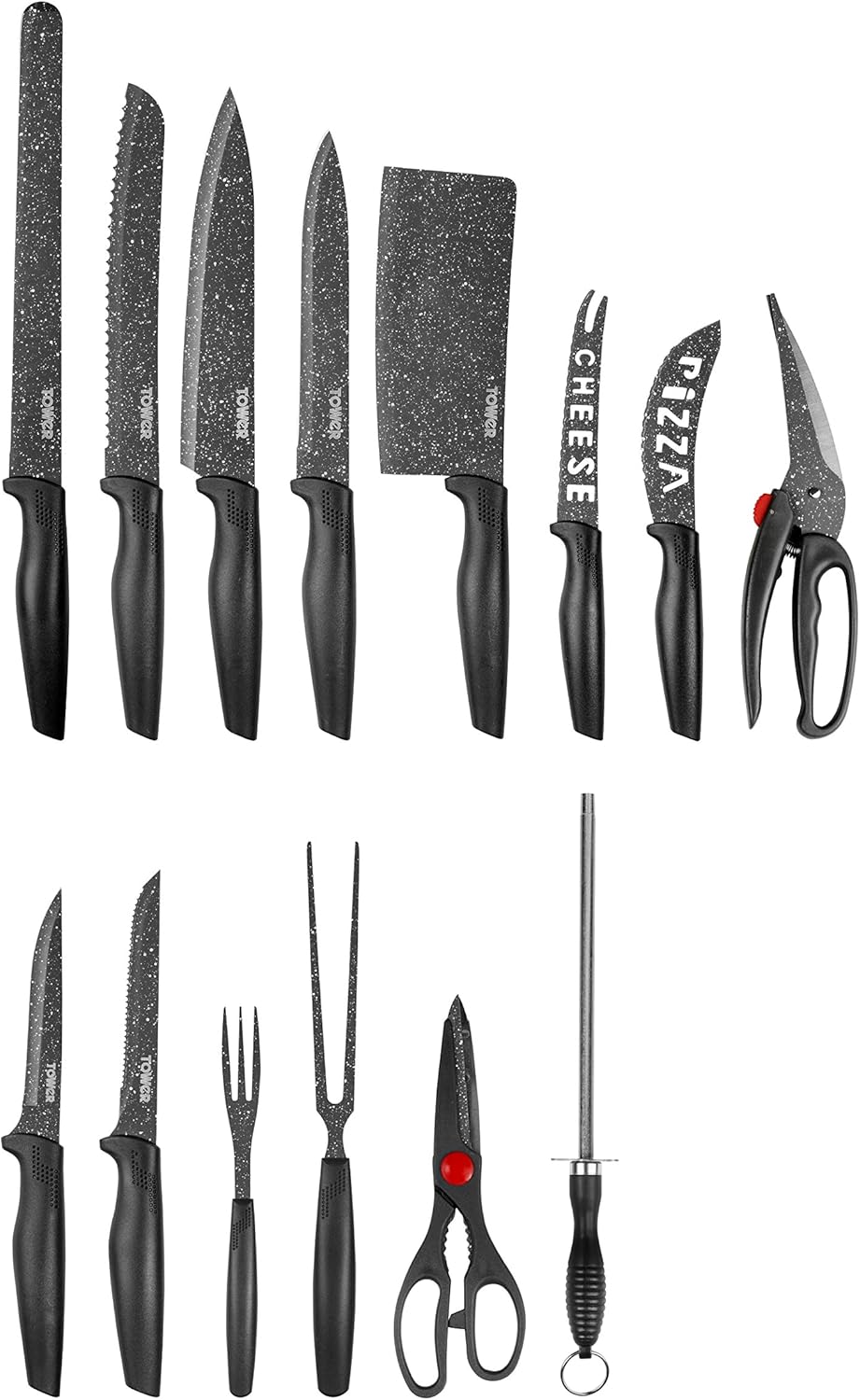 Tower T81522B Essentials Kitchen Knife Set, Stone-Coated with Stainless Steel Blades, Black, 6-Piece.