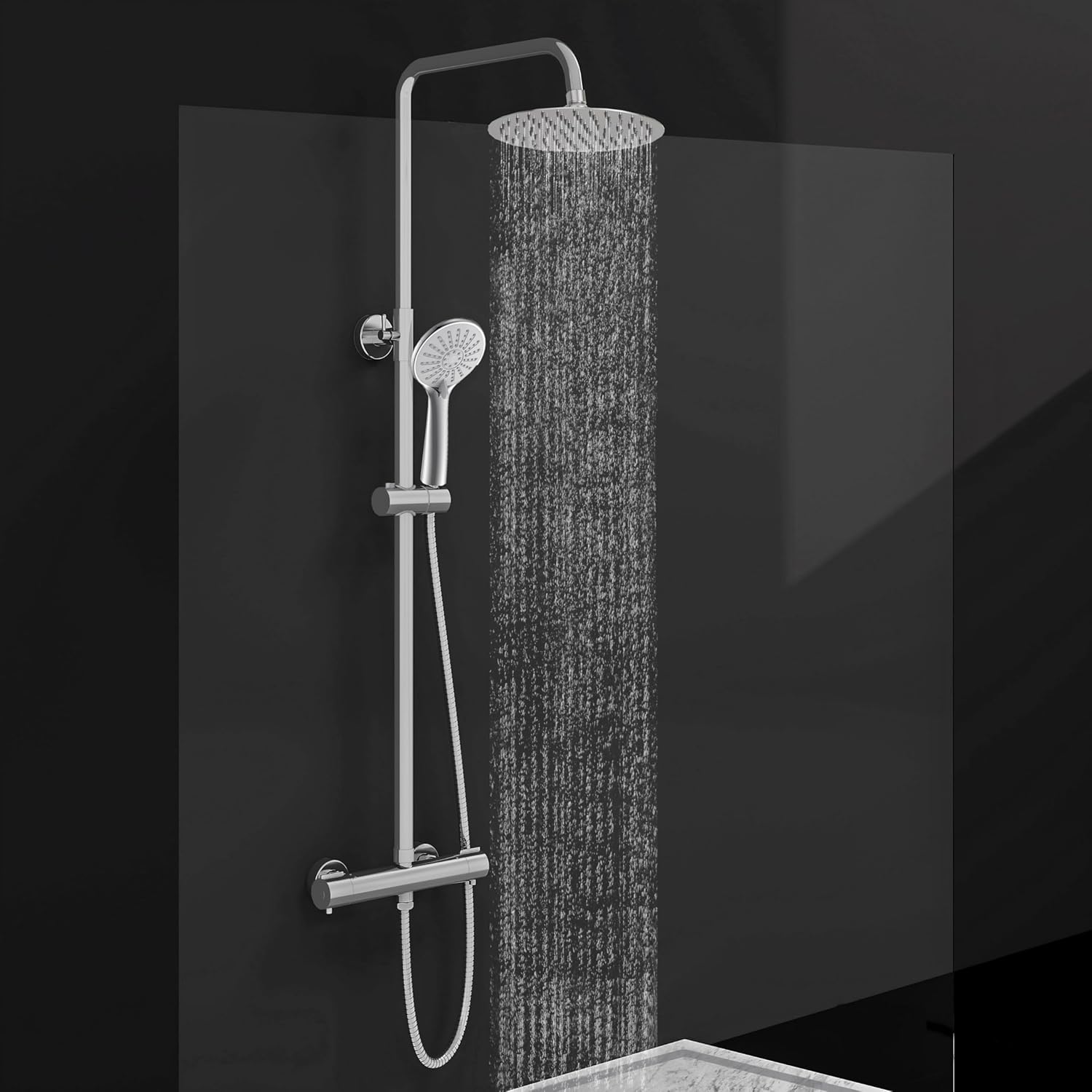 Acezanble Thermostatic Shower Mixer Set Chrome, Round 38 °C Thermostat Shower System with 20cm Rainfall Shower Head, Handheld Shower, Anti Scald Shower Mixer Bar Kit, Adjustable Height.