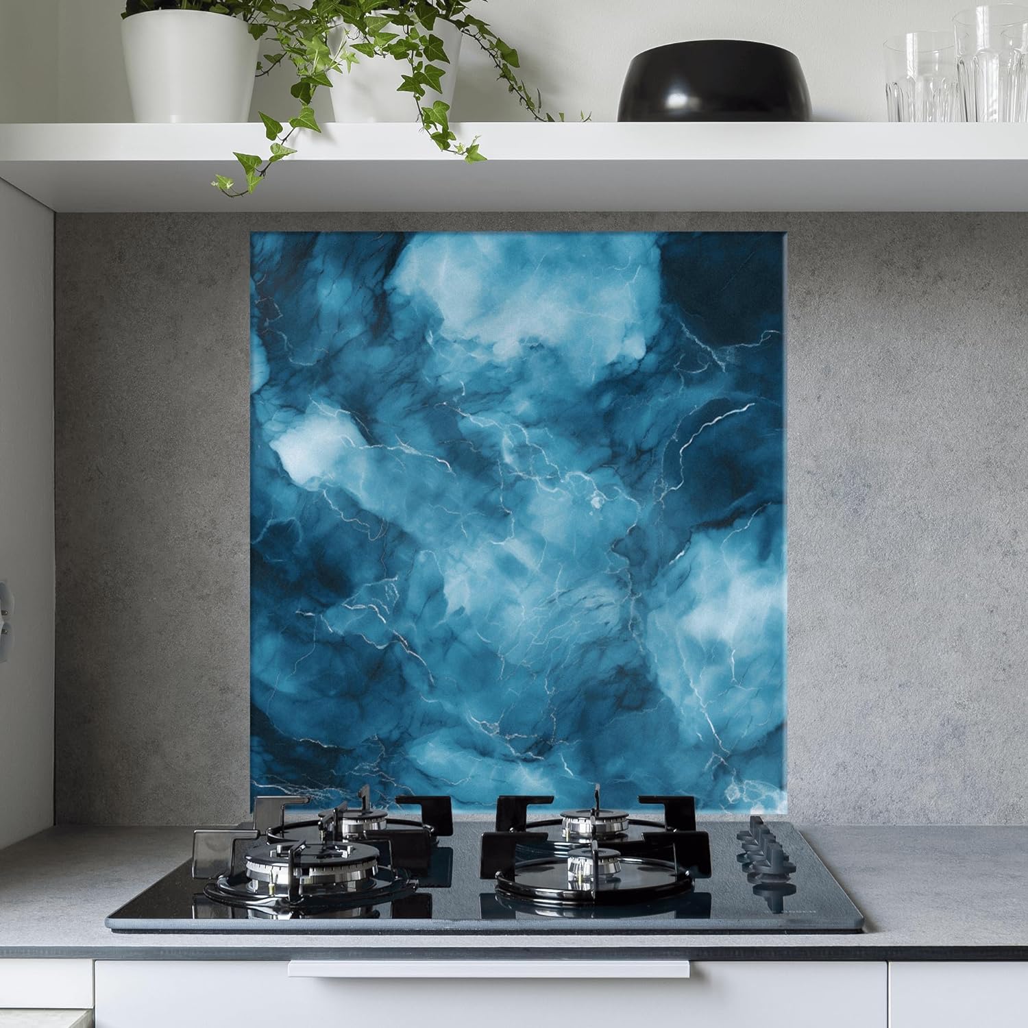 Kitchen Glass Splashback Printed Toughened Tile Cooker Panel Hob Cooker Glass Blue Marble Design Back Splash Coloured Hob Tempered Splashback (60cm x 65cm).