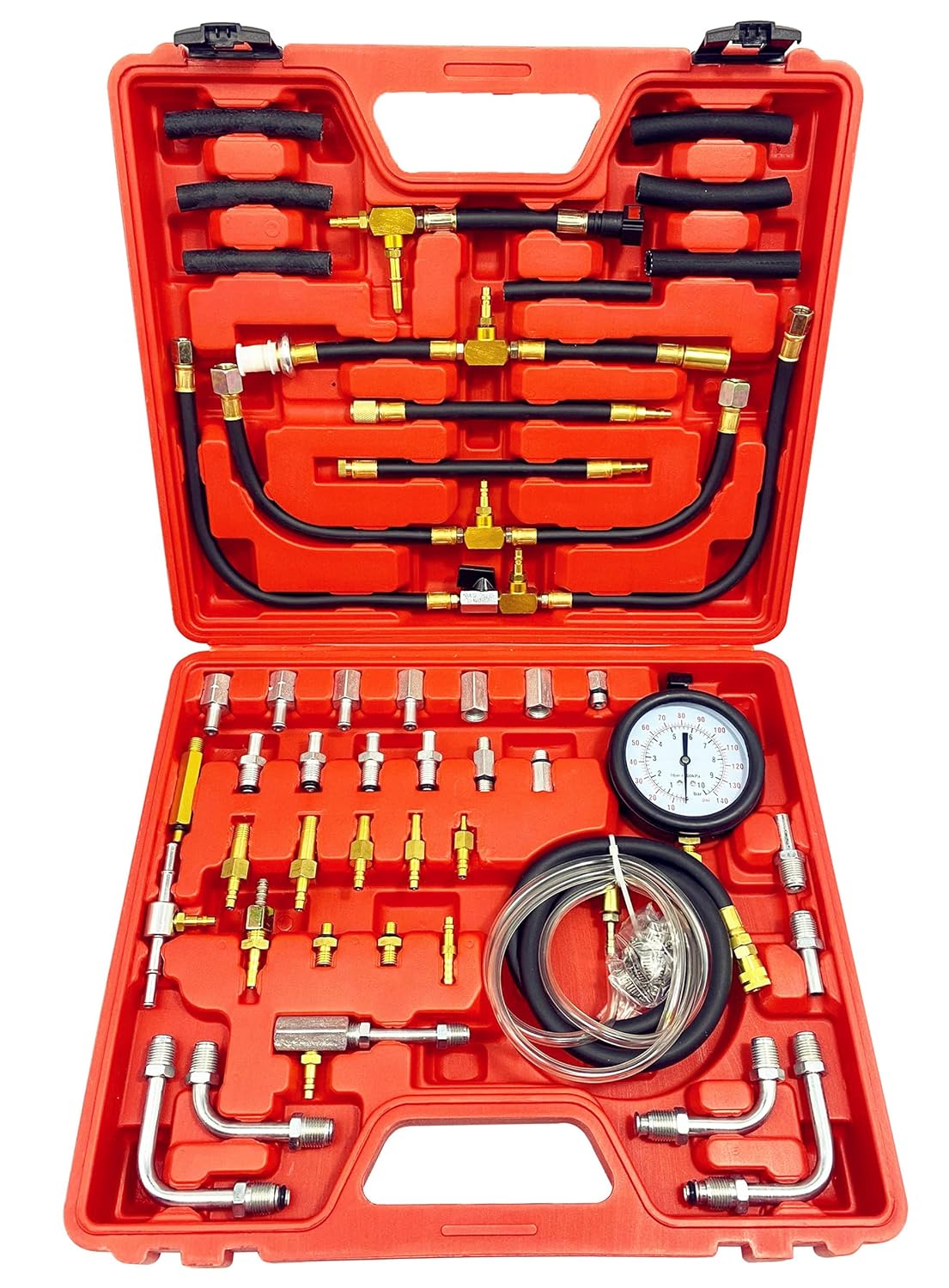 DHA Master Fuel Pressure Tester Kit with Adapters,Fuel Injection Pump Pressure Tester Schrader Valve, Dual Scale for 0-140 PSI / 10 Bar.