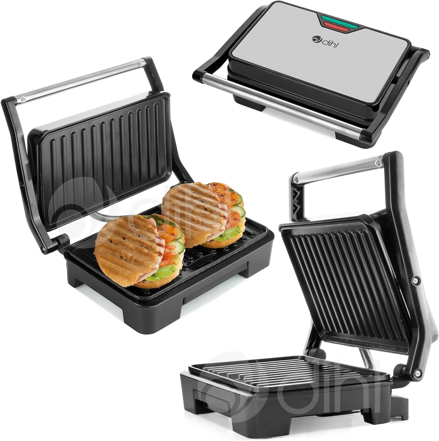 Dihl 850W Double Sandwich Press Toastie Maker Panini & Health Grill with Large Non-Stick Plates | Drip Tray Deep Fill Toasted Sandwiches | Low Fat Grilling and Healthy Cooking.