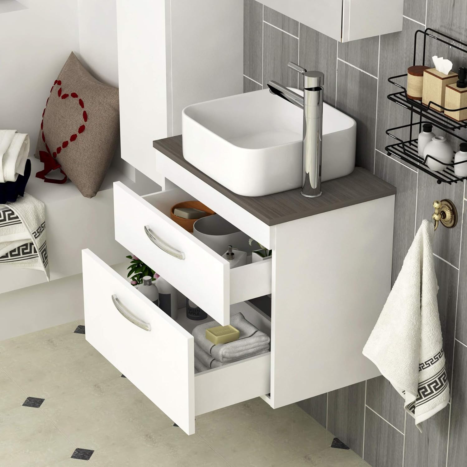 Modern500mm Bathroom vanity Unit Basin Sink 2- Drawer Wall Hung Furniture Storage Grey Elm.