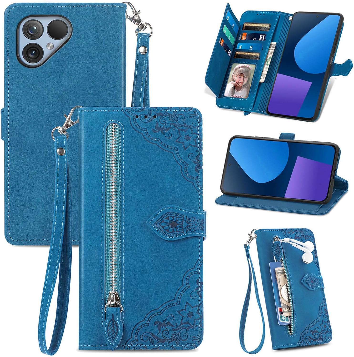 MOJIA Flip Case Compatible with Fairphone 5, PU Leather Zipper Wallet Case Flip Phone Cover with TPU Shell, Card Holder Multifunctional Case. Blue