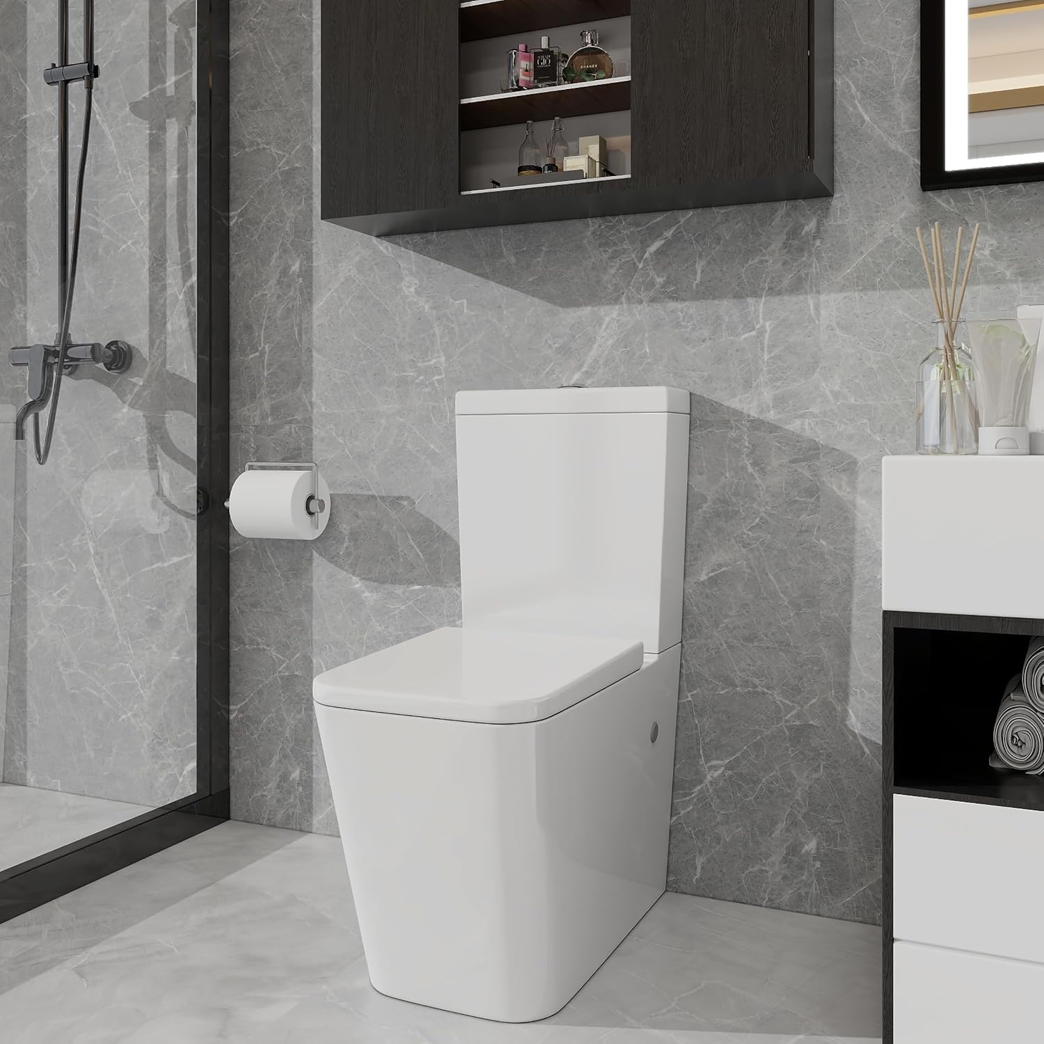 Robanmoa Rimless Close Coupled Toilet WC White Ceramic Open Back Bathroom Toilets Back to Wall & Dual Flush Cistern Soft Close Seat Modern Square Toilet for Cloakroom WC.