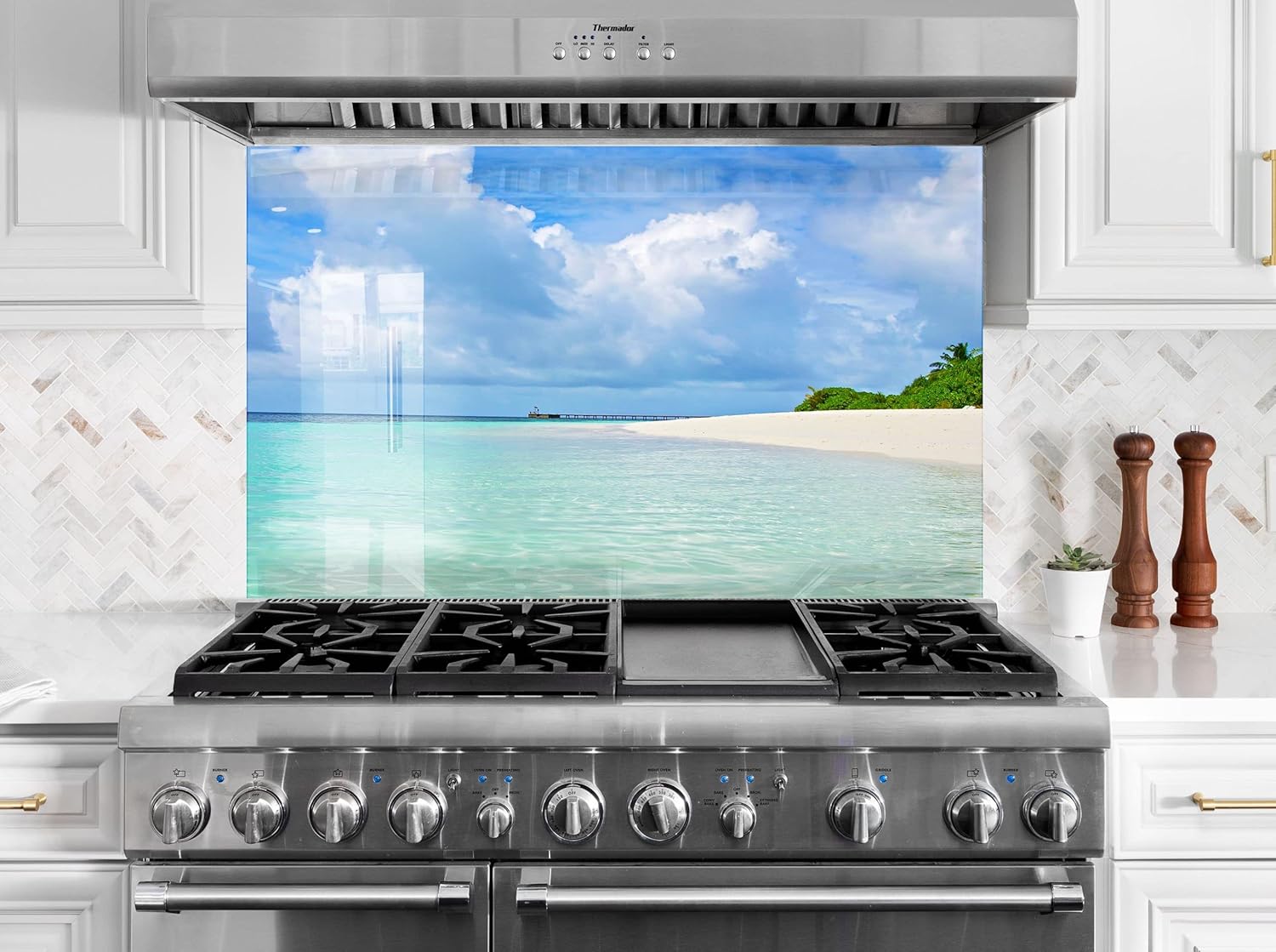 Myphotostation Tempered Glass Splashback 70WX43H'-Tropical Backsplash Design Cooker Island Backsplash Panel Glass Splashback for Kitchen Panel Design Tropical Beach Splashback for Stove.