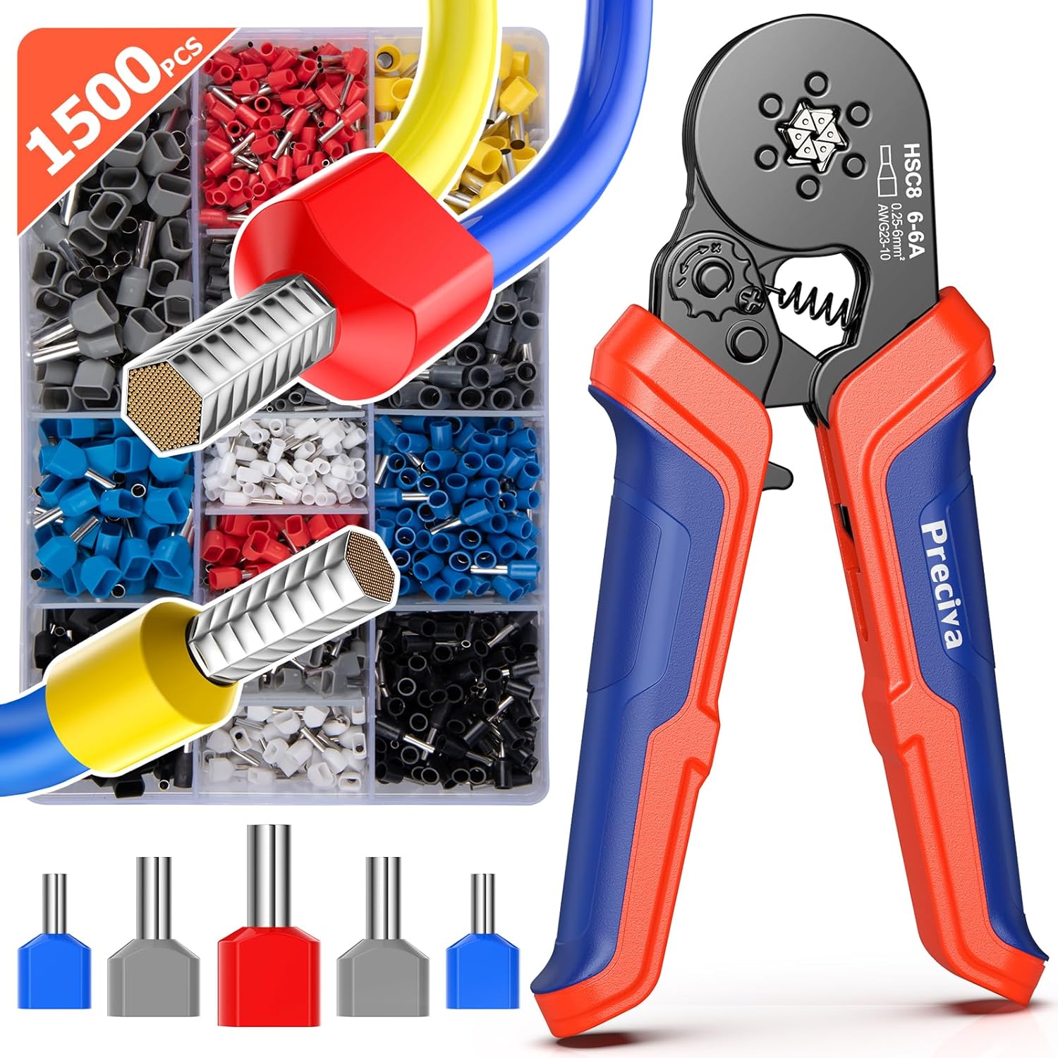 Dual Bootlace Ferrule Crimping Tool, 0.25-6mm² Hexagonal Crimping Tools, Preciva Self-Adjsutable Ratchet Crimping Tool, 1500pcs Terminals.