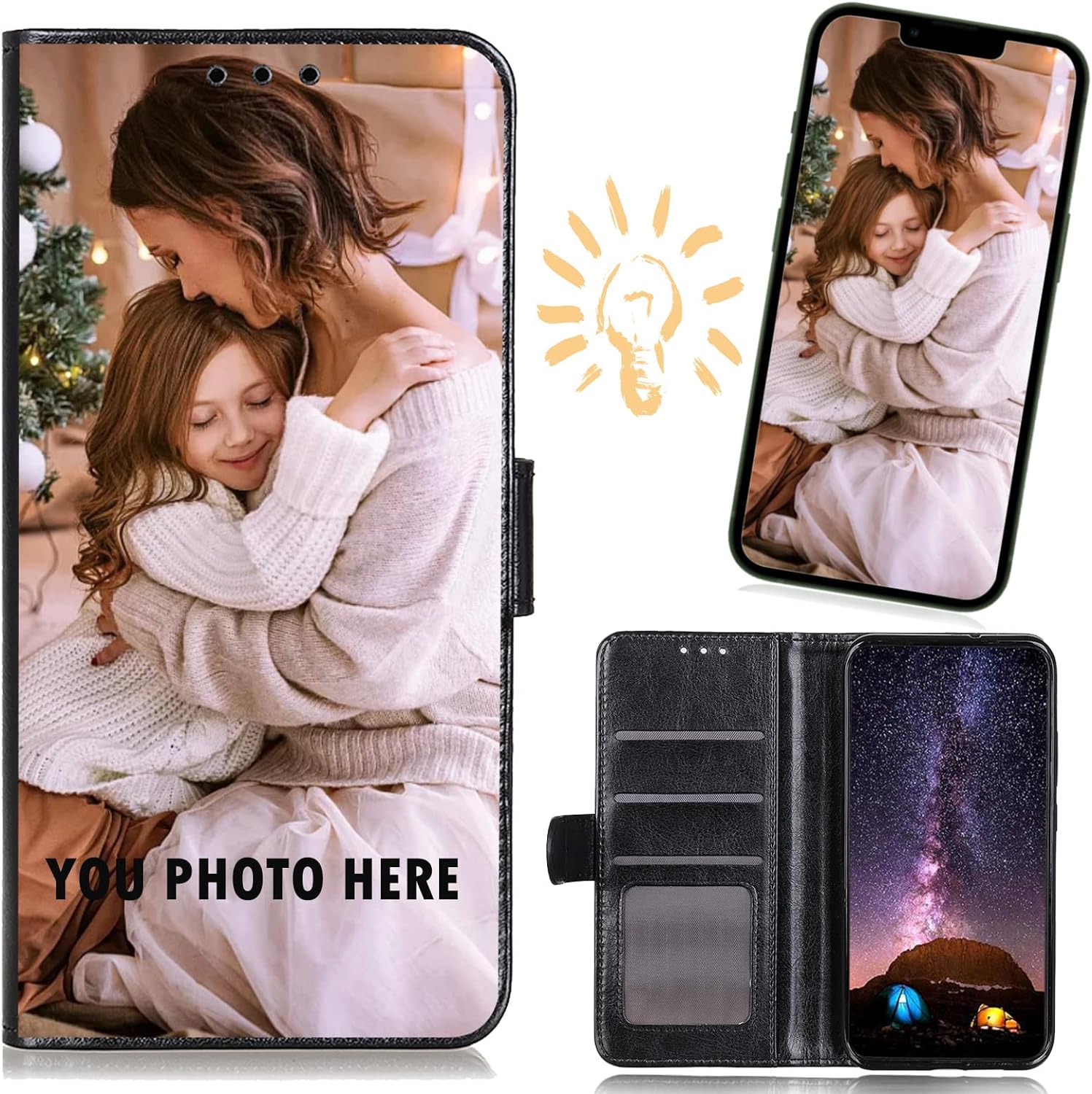 CXKJ Personalised Photo Phone Case for Samsung Galaxy A04s,Design Your Own Photo Image,Text Phone Case,PU Leather Flip Cover Wallet Case Anti-shock,Anti Drop Personalised Case - Black.