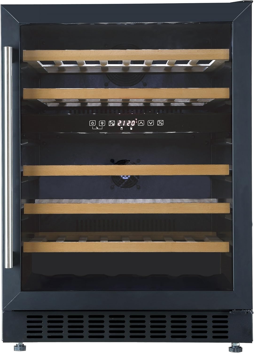 Cookology CWC605BK 60cm Freestanding Wine Cooler Fridge, Built Under Counter with Digital Dual Temperature Zones, LED Light, Anti UV Glass, 46 Bottle, 129 Litre Capacity - in Black.