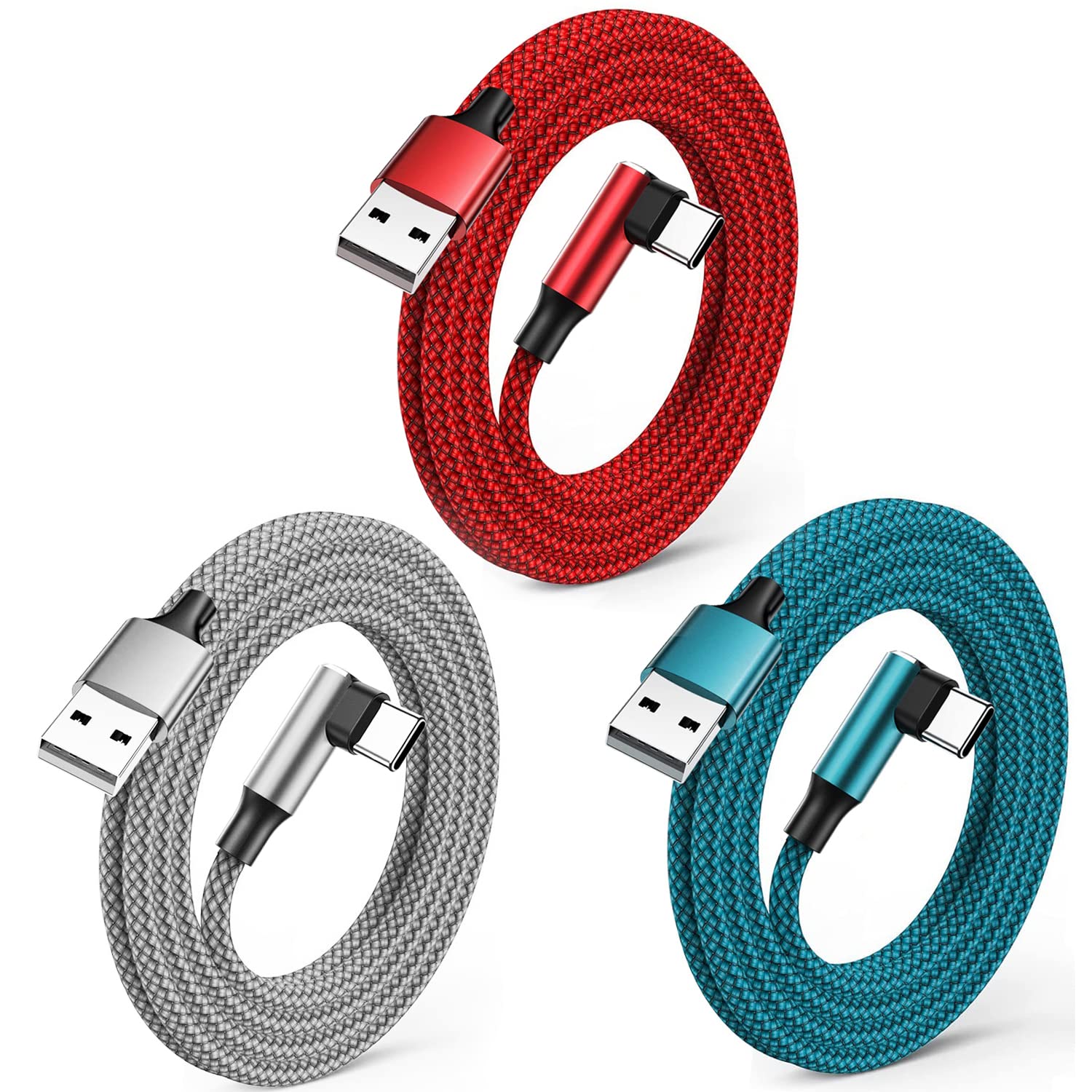 USB C Charger Cable 3Pack 1M+1.8M+3M USB Type C Charger Fast Charging Cable Right Angle USB TO USB C Cable Nylon Braided for Samsung Galaxy S21 S20 S10 S9 Note 10 9 8,Huawei P40 P30 P20,Google Pixel.