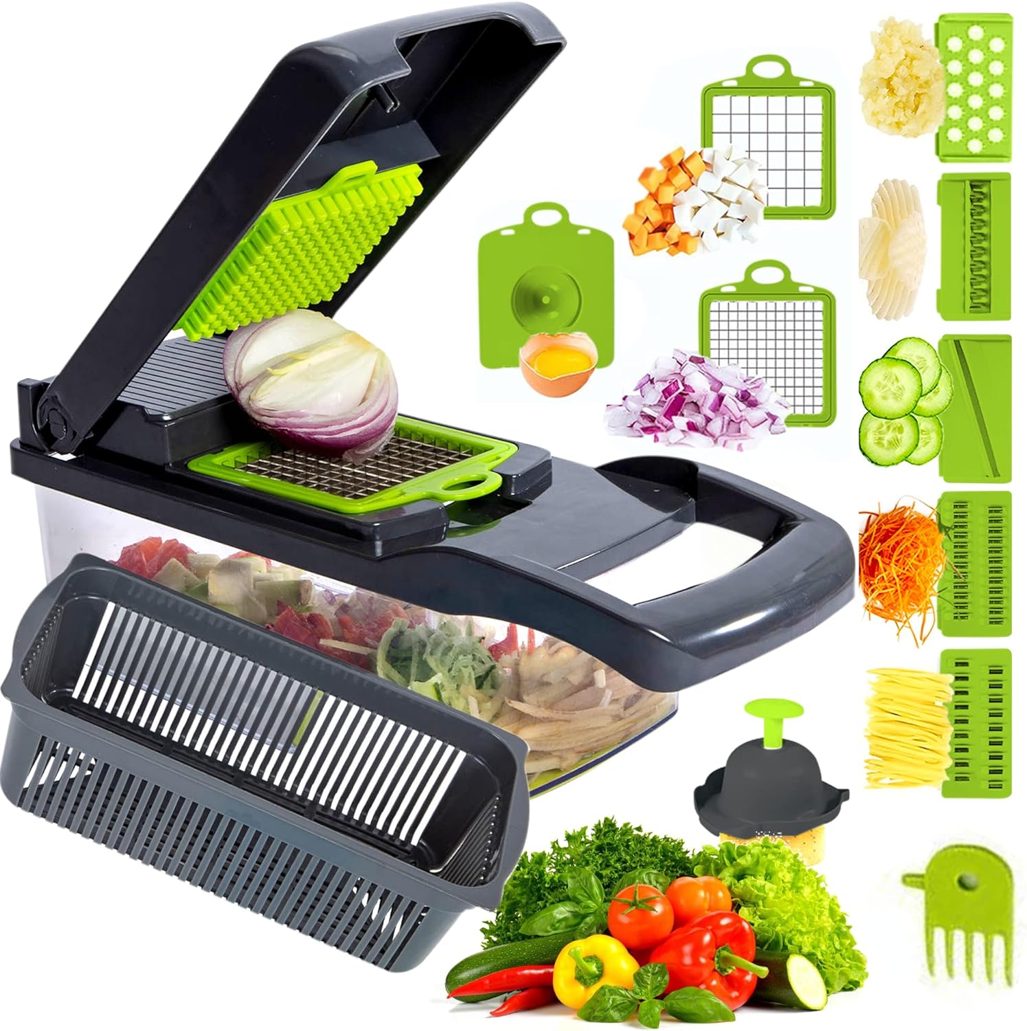 Jyperg Vegetable Chopper – 15 in 1 Mandoline Vegetable Slicer for Kitchen – Food-Grade Stainless Steel Vegetable Dicer – Easy to Clean Veg Chopper and Dicer Manual Ideal for Onion, Potatoes, Fruit.