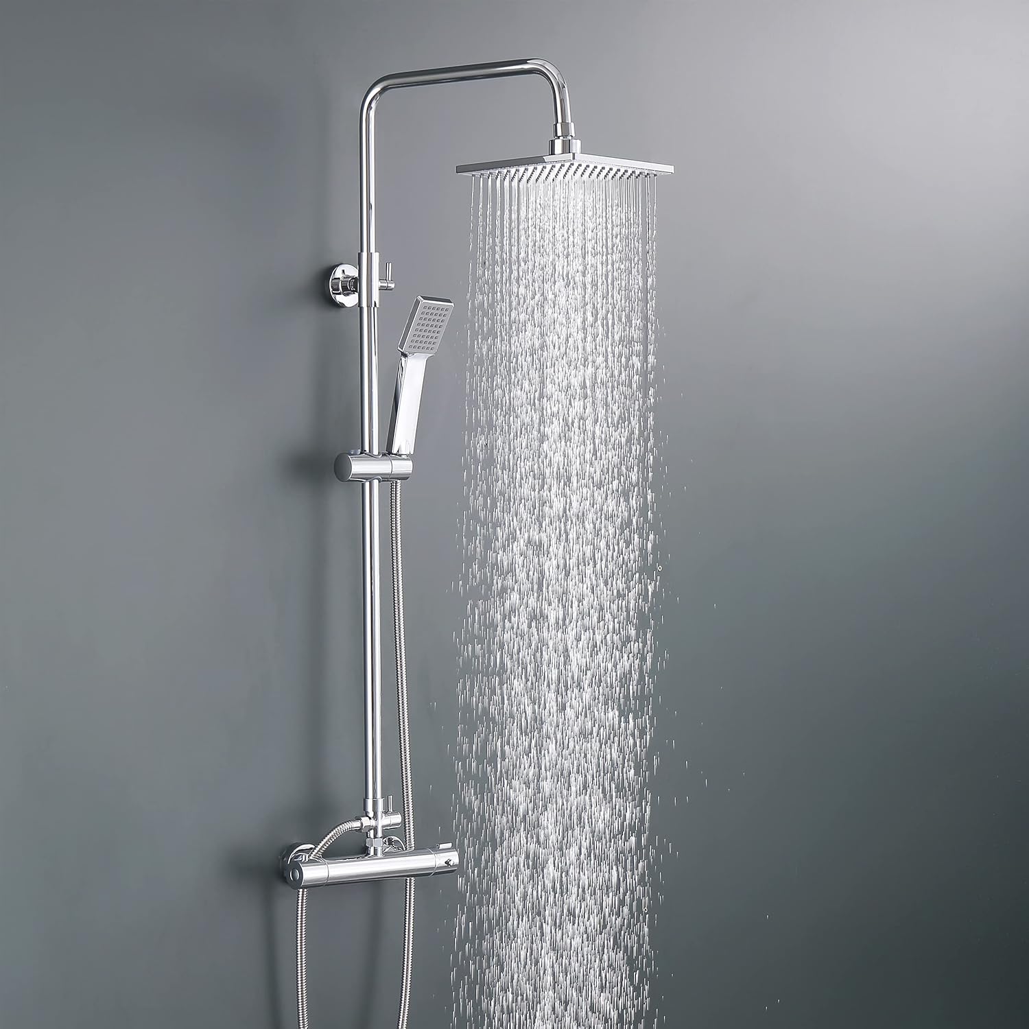 Huiyang Thermostatic Shower Mixer Set Matte Black, 38°C Thermostat Shower System with Rainfall Shower Head, 1 Function Handheld Shower, Anti Scald Shower Mixer Bar Kit, COOL TOUCH.