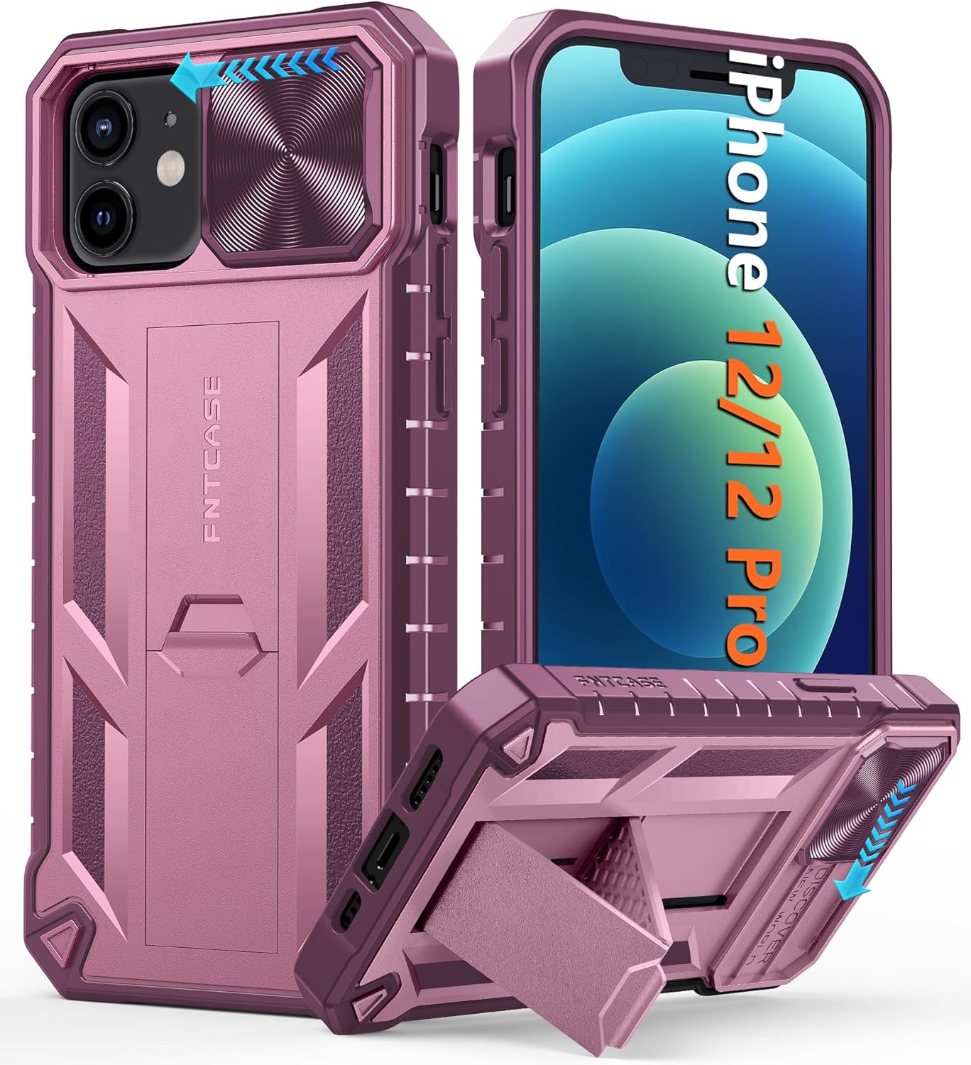 FNTCASE for iPhone 12 Phone Case: Rugged Military Grade Full Protection Shockproof Protective Case with Kickstand | TPU Matte Textured Heavy Duty Hard Bumper Phone Cover for iPhone 12/12 Pro Blue