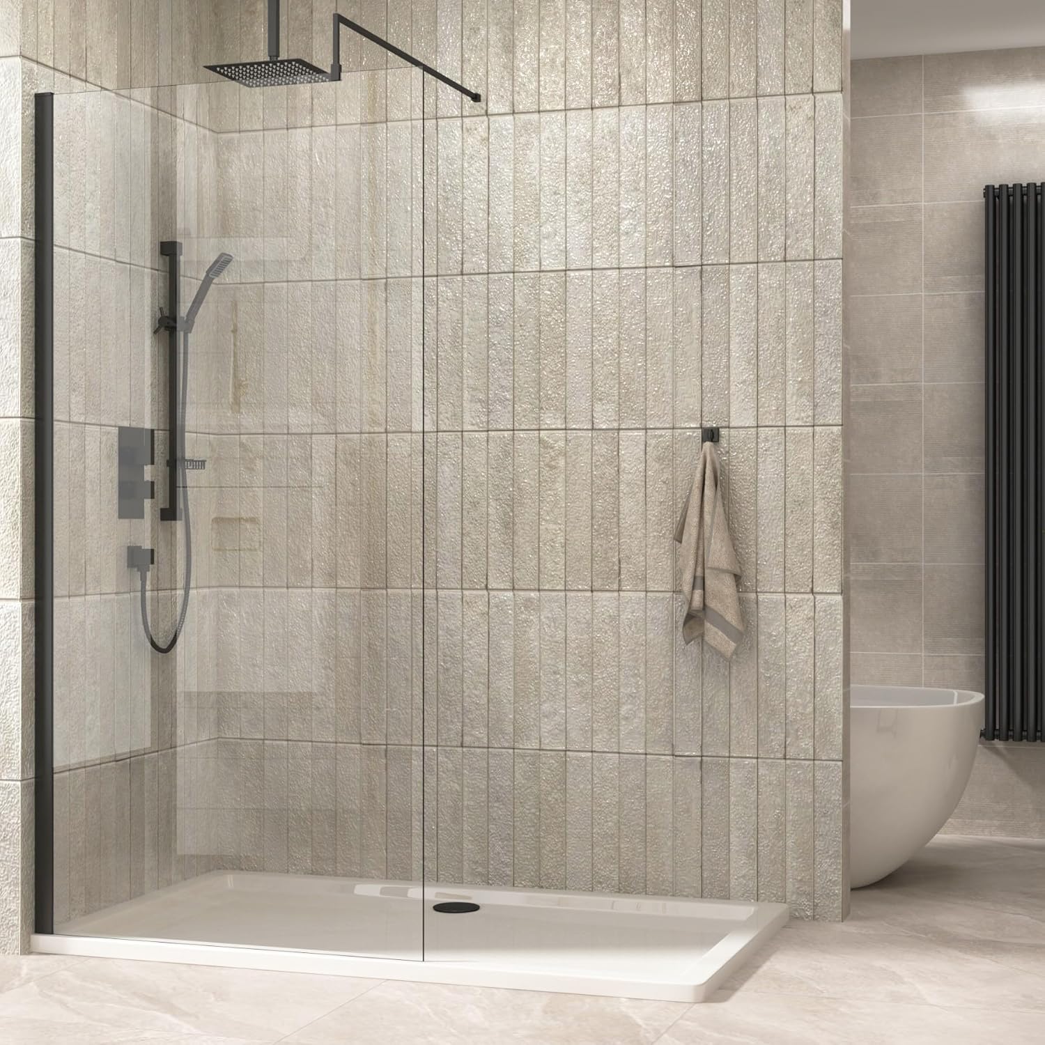 Matt Black 900mm Wet Room Walk in Shower Screen with 8mm Clear Easy Clean Safety Tempered Glass Panel & Black Stainless Steel Support Bars Shower Enclosure Cubicle 1850mm Height.