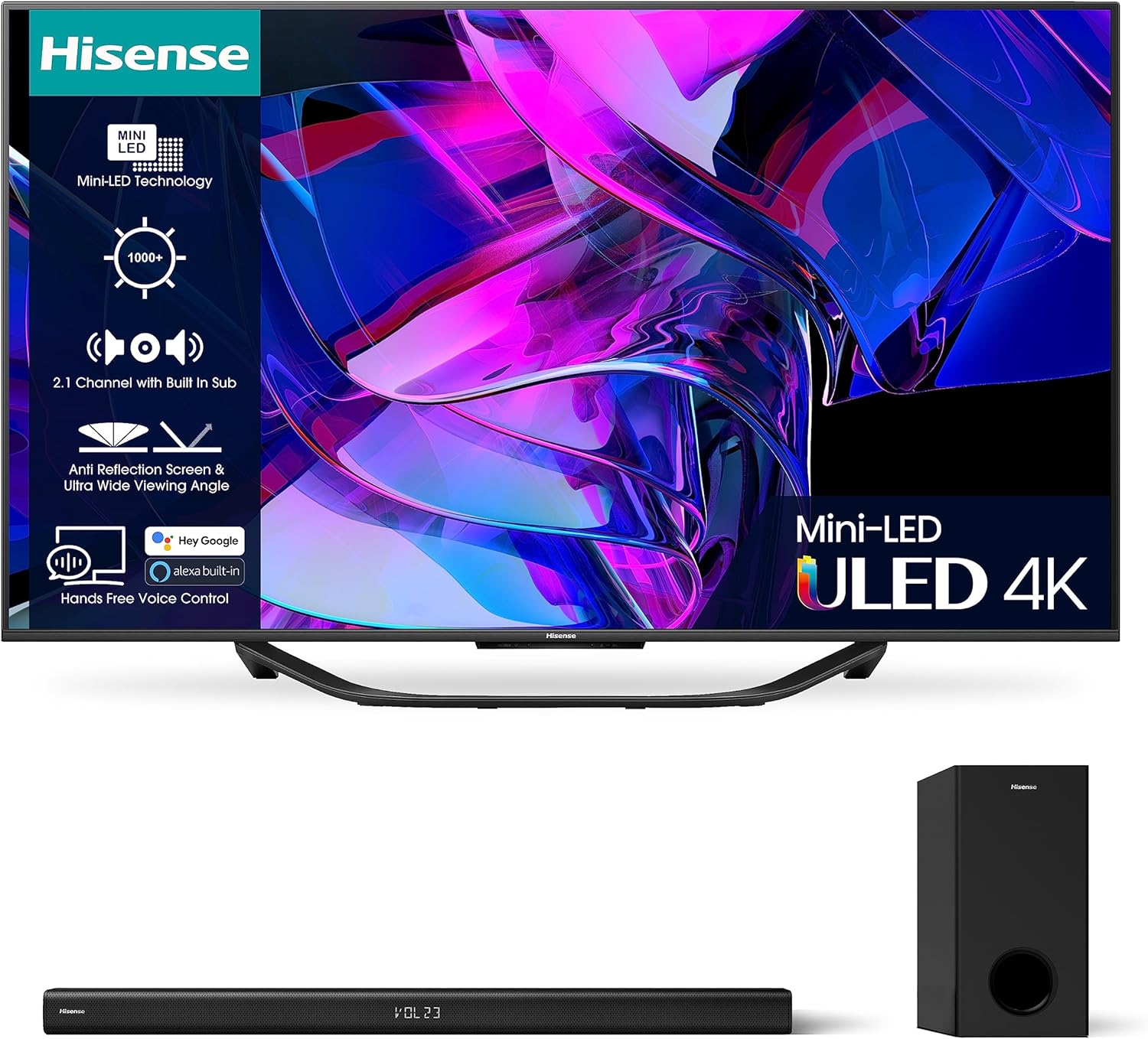 Hisense 144Hz Mini-LED TV U7K and HS218 with 200W Output, Dolby Audio.