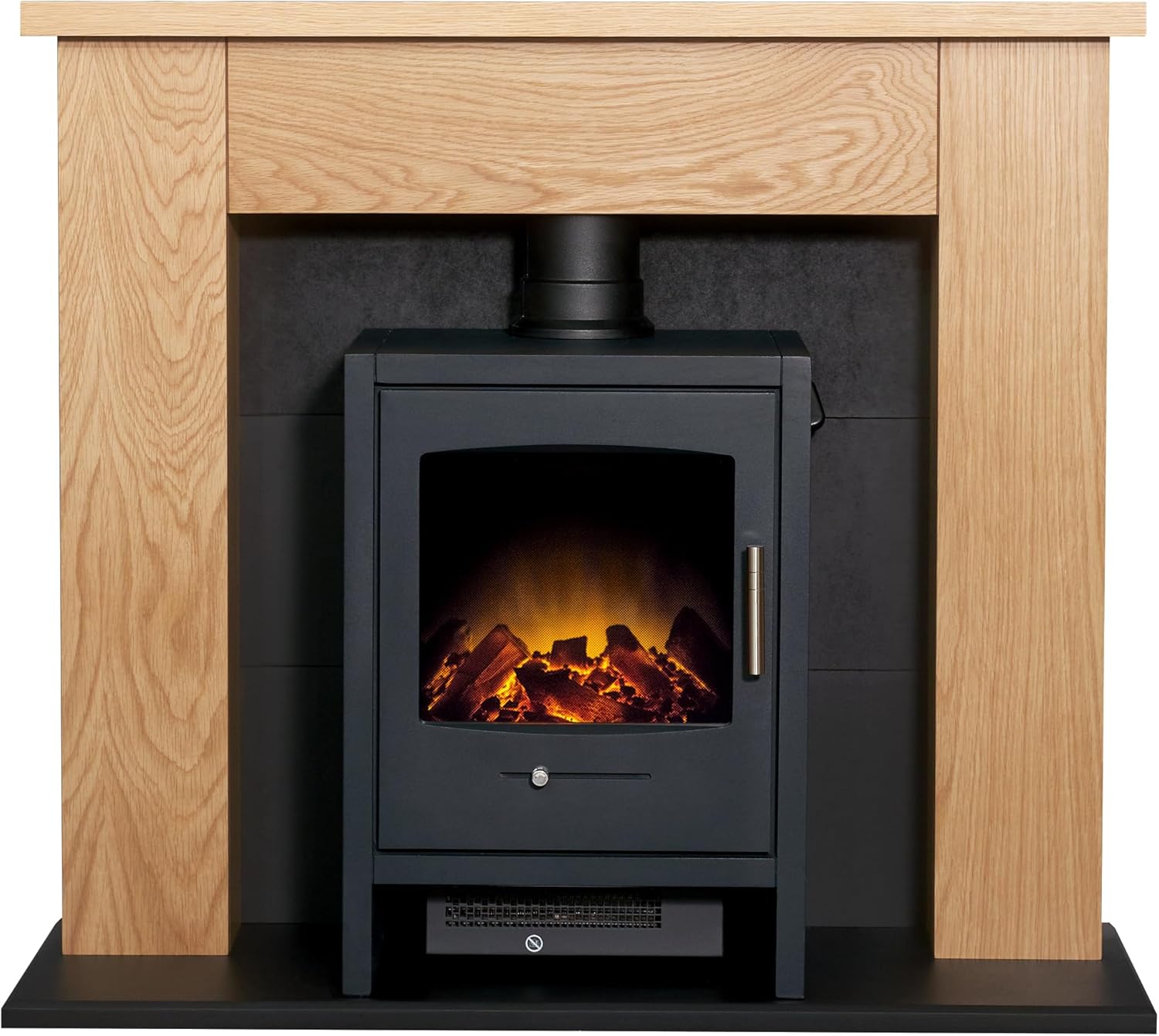 Adam Chester Stove Fireplace in Oak & Black with Bergen Electric Stove in Charcoal Grey, 39 Inch.