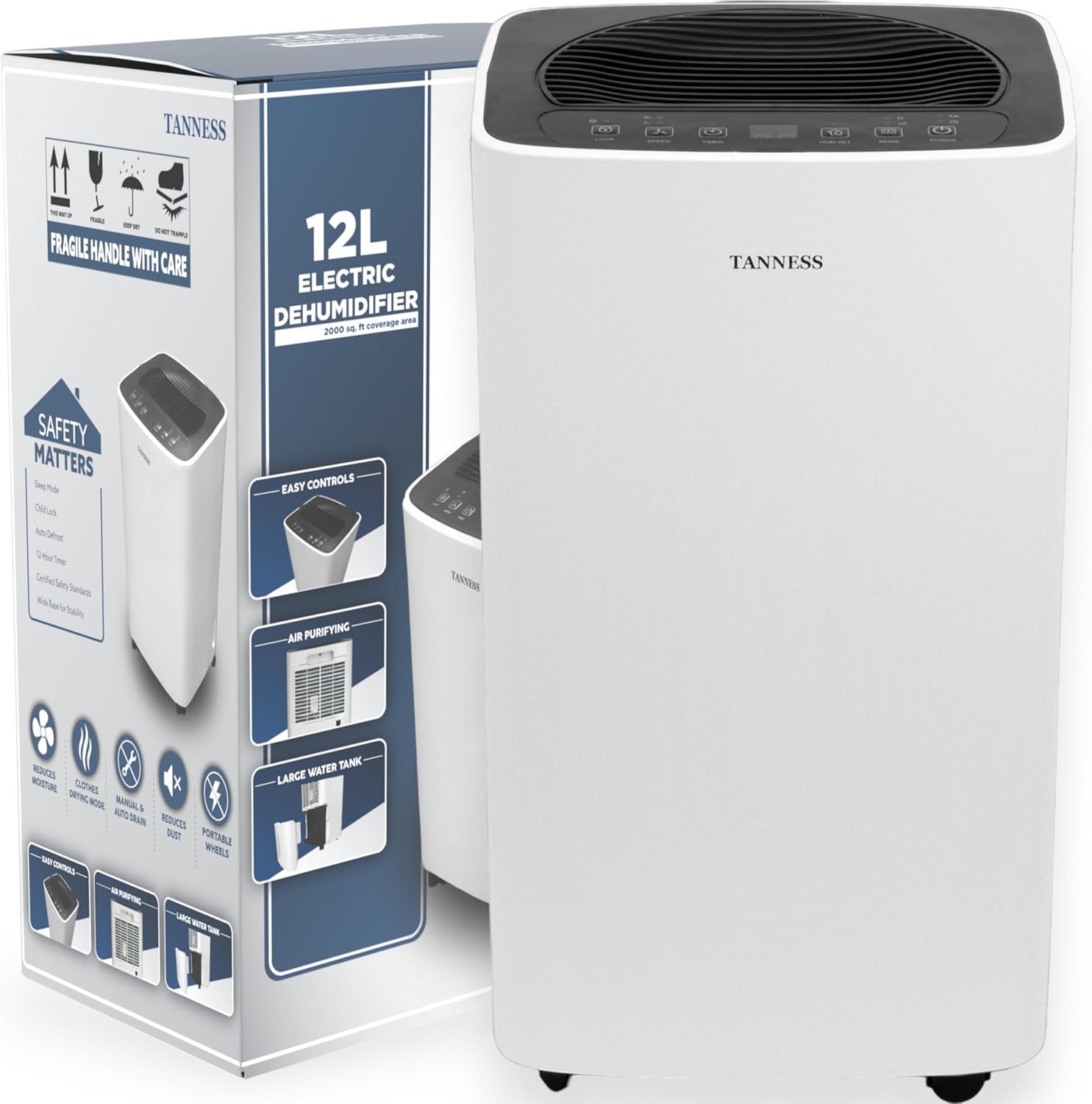 Tanness 12L Dehumidifier for Home with Digital Humidity Display, Sleep Mode, Continuous Drainage - Dehumidifier for Bedroom, Basement, Laundry Drying, Damp & Mold, 24H Timer, Quiet Operation.