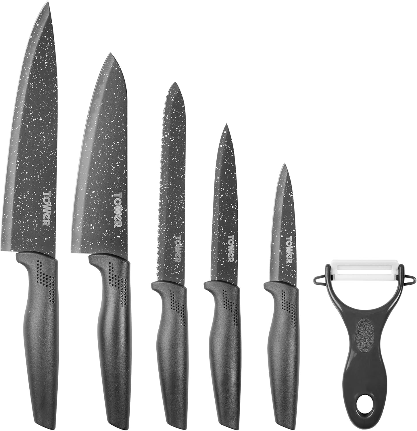 Tower T81522B Essentials Kitchen Knife Set, Stone-Coated with Stainless Steel Blades, Black, 6-Piece.