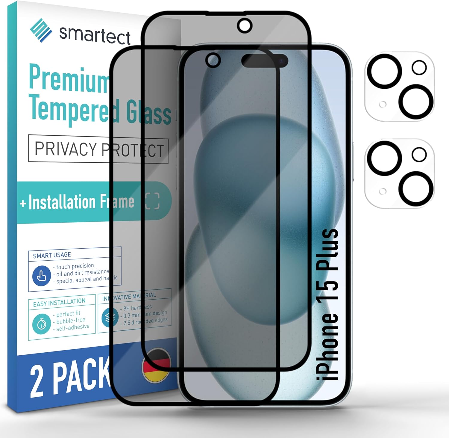 smartect Glass Screen Protector [2 + 2 Pieces, Full Screen, Privacy] for iPhone 15 Plus, Display + Camera, incl. Installation Frame, Anti Spy Protective Film Anti Scratch, Bubble Free, 9H Hardness.