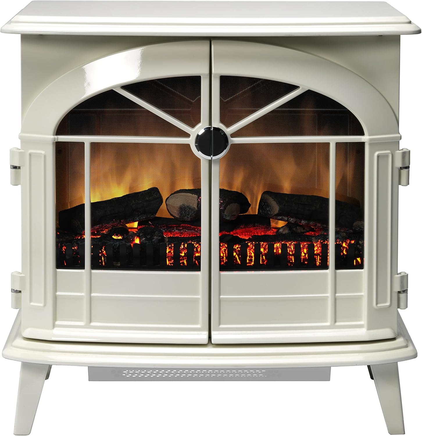 Dimplex Chevalier Optiflame Electric Stove, High Gloss Ivory Enamel Style Freestanding Fire with LED Flame Effect, Opening Doors, Artificial Log or Coal Fuel Beds, 2kW Heater and Remote Control.