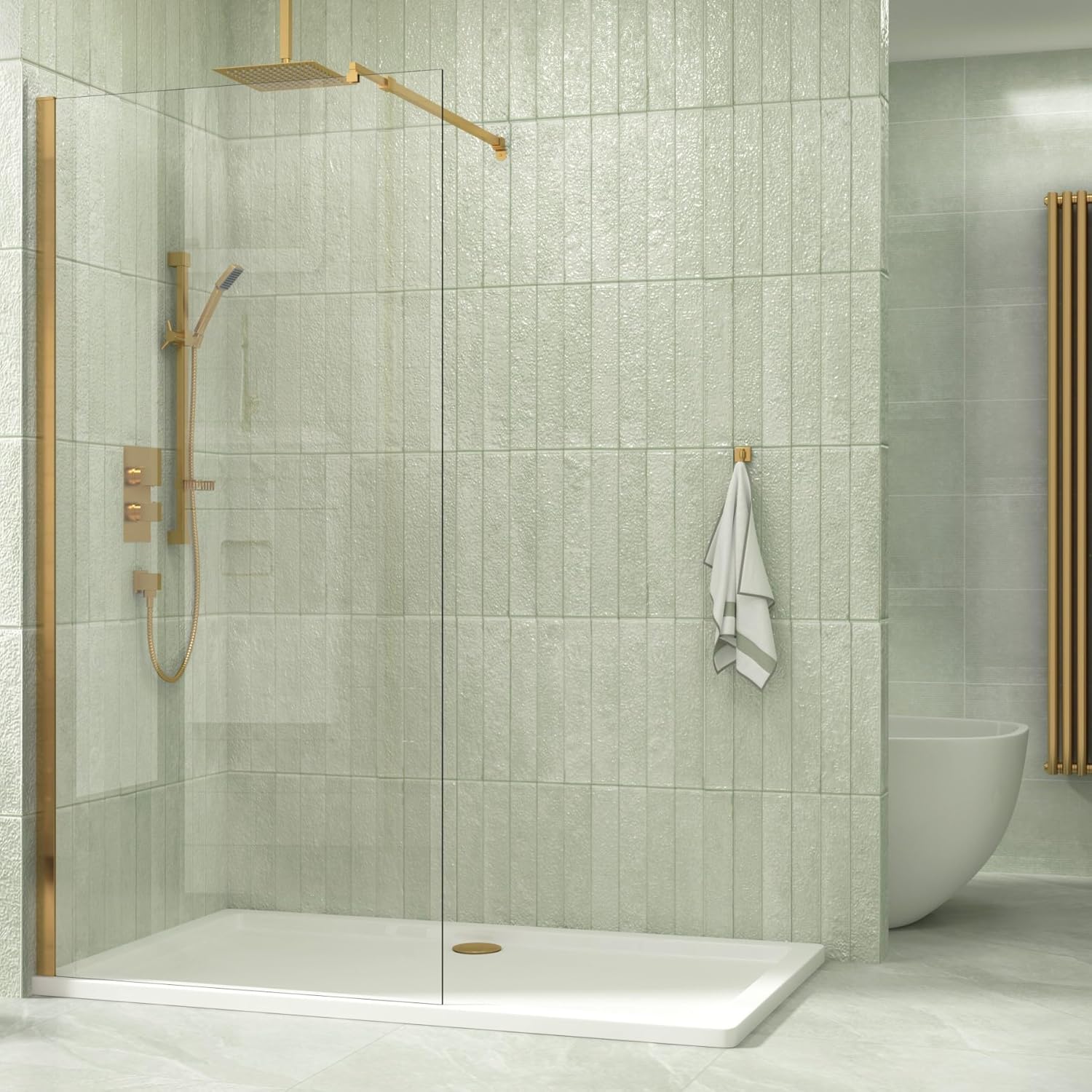 Brushed Brass 1200mm Wet Room Walk in Shower Screen with 8mm Clear Easy Clean Safety Tempered Glass Panel & Stainless Steel Support Bars Shower Enclosure Cubicle 1850mm Height.