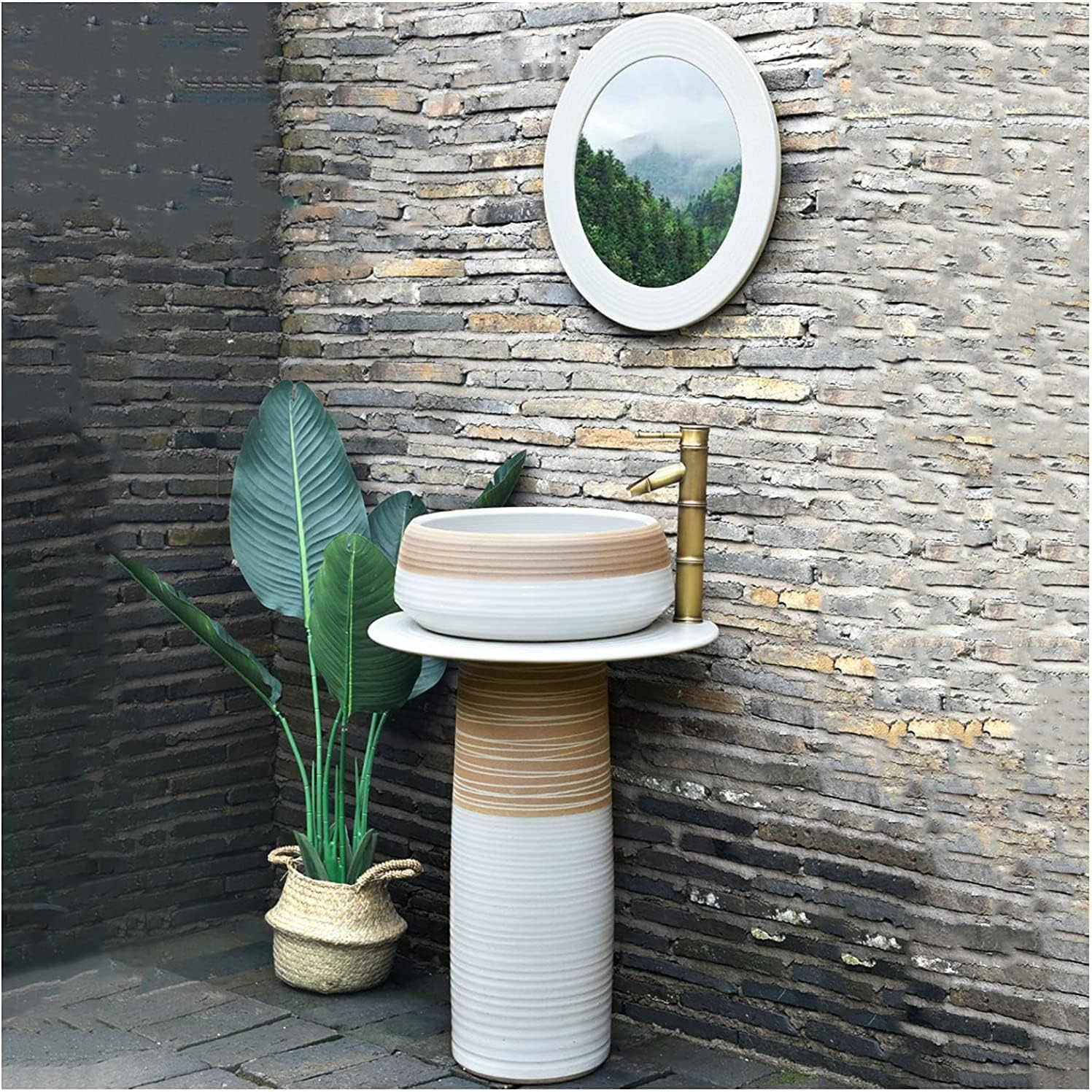 Art Bathroom Basin Sink with Full Pedestal, Free Standing Vanity Basin, Kaolin Clay Pedestal Sink, Pedestal ?Bathroom Sink (With Mirror).