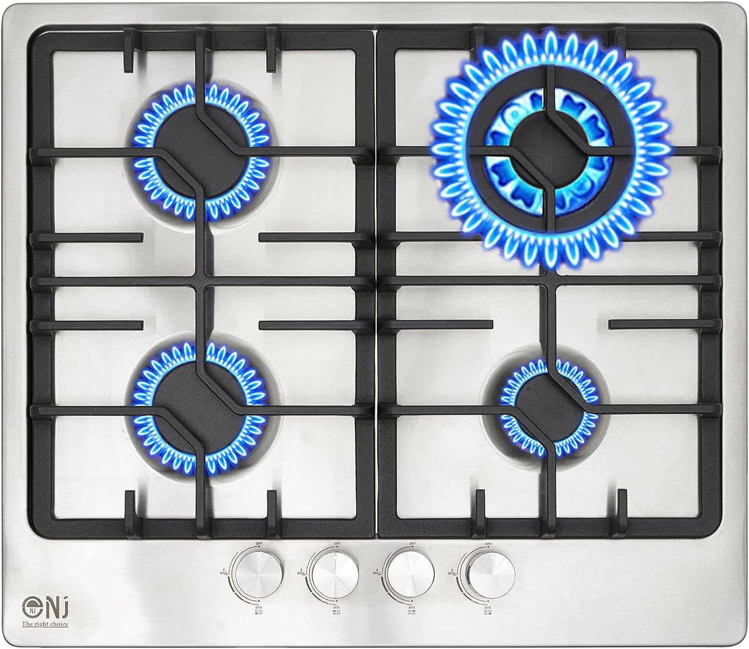 NJ-600S Gas Hob 4 Burner - 60cm Built-in Stainless Steel Cooktop NG/LPG Convertable Cooker with Cast Iron Supports & FFD.