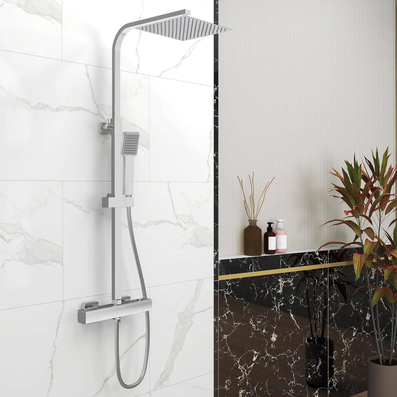 Biubiubath Thermostatic Shower Set, Anti-Scald Exposed Thermostatic Shower Valve,Height Adjustable Mixer Shower Set,Square Hand Shower & 10 inches (250mm) Overhead Rainfall Shower,Chrome Silver.