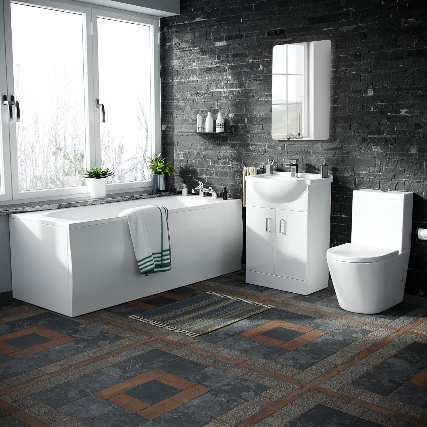 Nes Home 550 Basin Vanity Unit, Close Coupled WC Toilet with Straight Edge Bath Bathroom Suite.