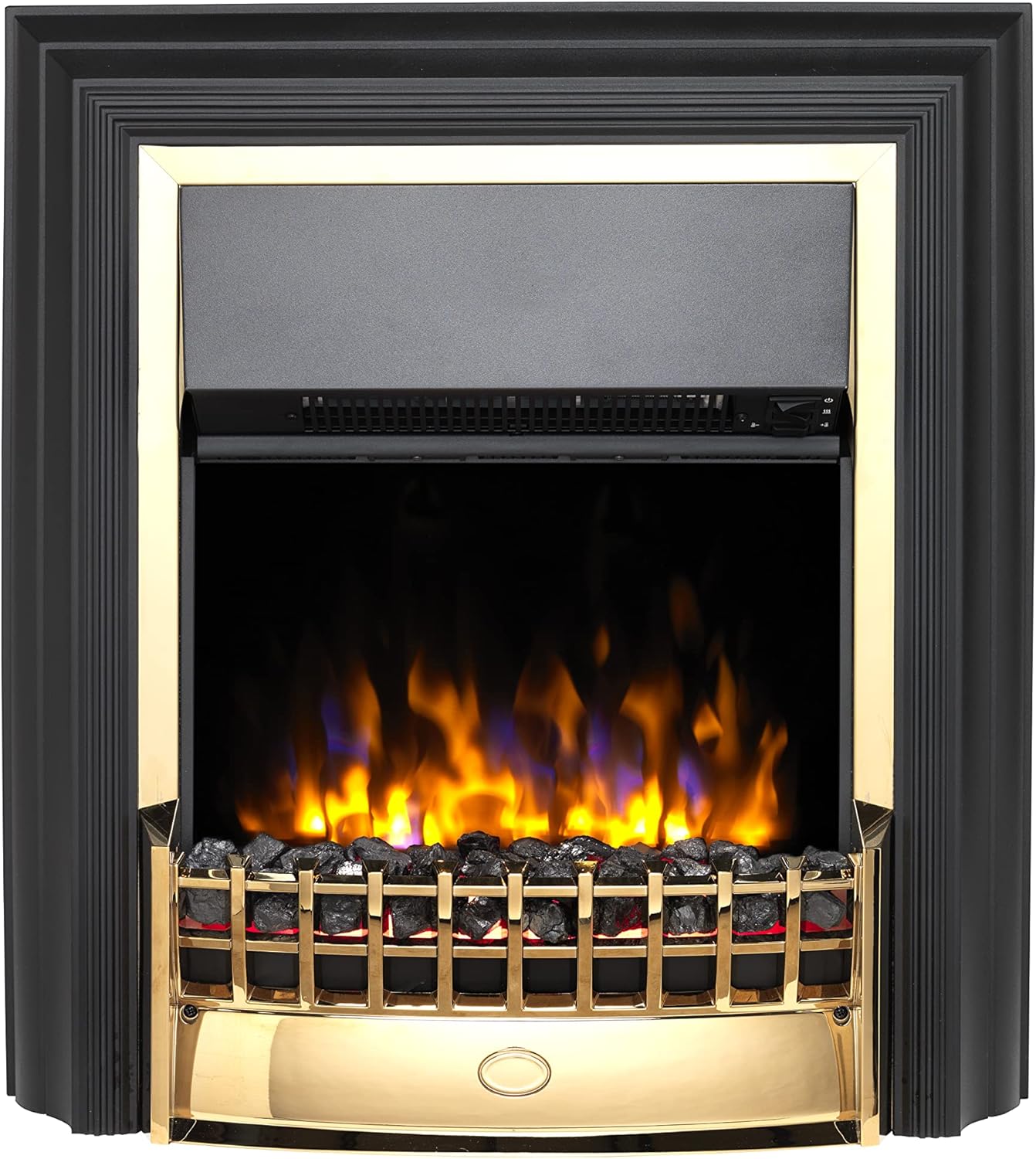 Dimplex Cheriton Deluxe Freestanding Optiflame Electric Fire, Brass and Black Free Standing LED Flame Effect with Variable Flame Brightness, Coal Fuel Bed, Adjustable 2kW Heater and Remote Control.