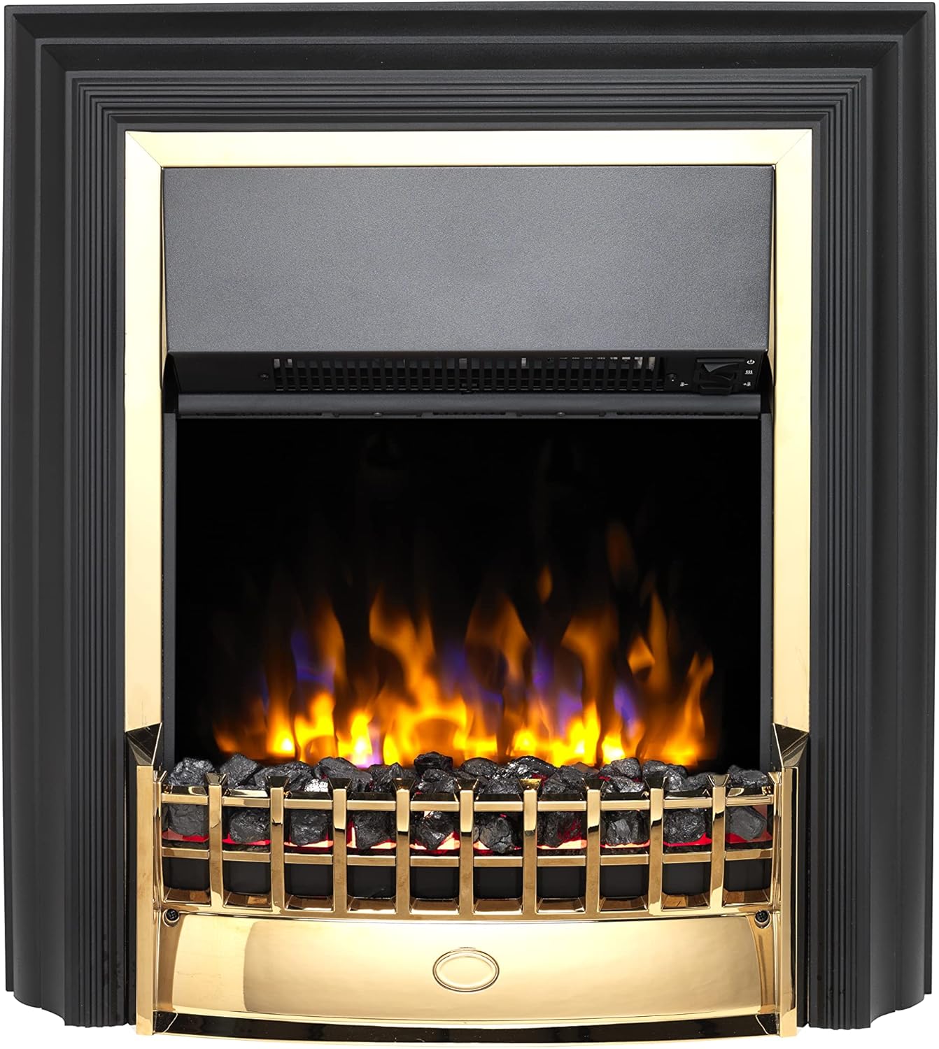 Dimplex Cheriton Deluxe Freestanding Optiflame Electric Fire, Brass and Black Free Standing LED Flame Effect with Variable Flame Brightness, Coal Fuel Bed, Adjustable 2kW Heater and Remote Control.