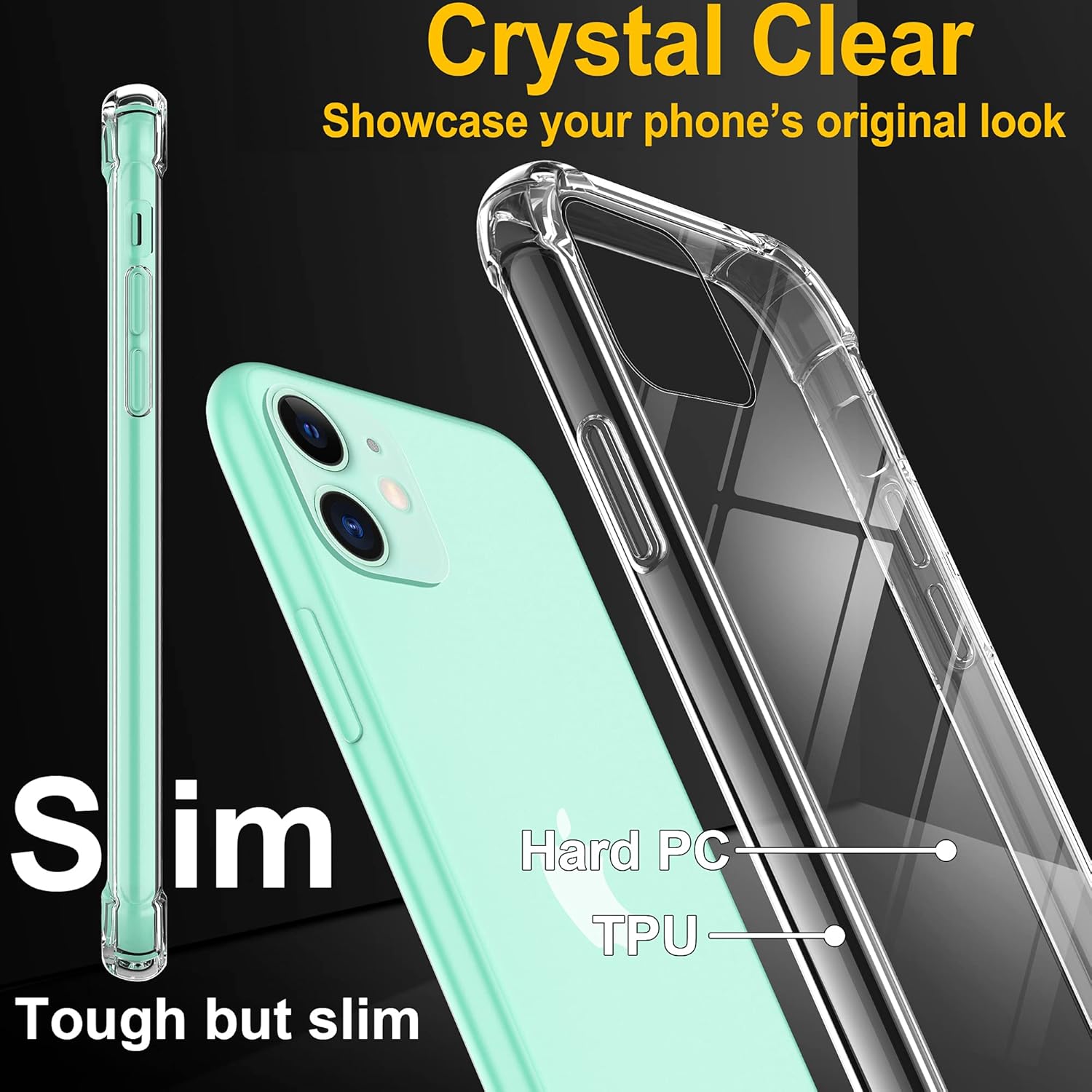 4youquality Case for iPhone 11 Case with [2-Pack Tempered Glass Screen Protectors], Advanced Airbag Drop Protection, Shockproof Transparent Clear Bumper Phone Cover, Anti-Scratch.