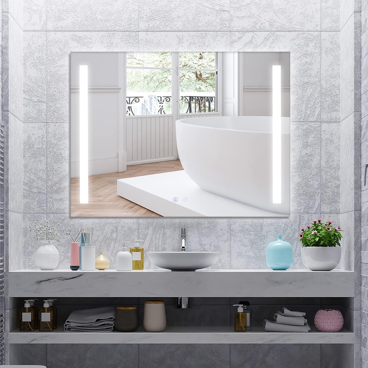 COSTWAY 80x60cm LED Illuminated Bathroom Mirror, Wall Mounted Mirror with Demister Pad, 3 Dimmable Color Temperatures & Memory Touch Control, Frameless Anti-Fog Lighted Wall Makeup Vanity Mirror.