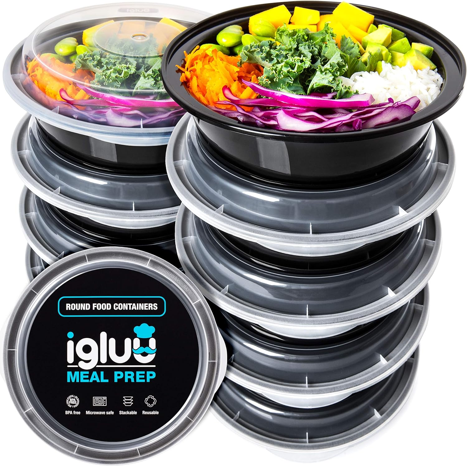 Round Plastic Meal Prep Containers - Reusable BPA Free Food Containers with Airtight Lids - Microwavable, Freezer and Dishwasher Safe - Ideal Stackable Salad Bowls - [10 Pack, 28 oz.