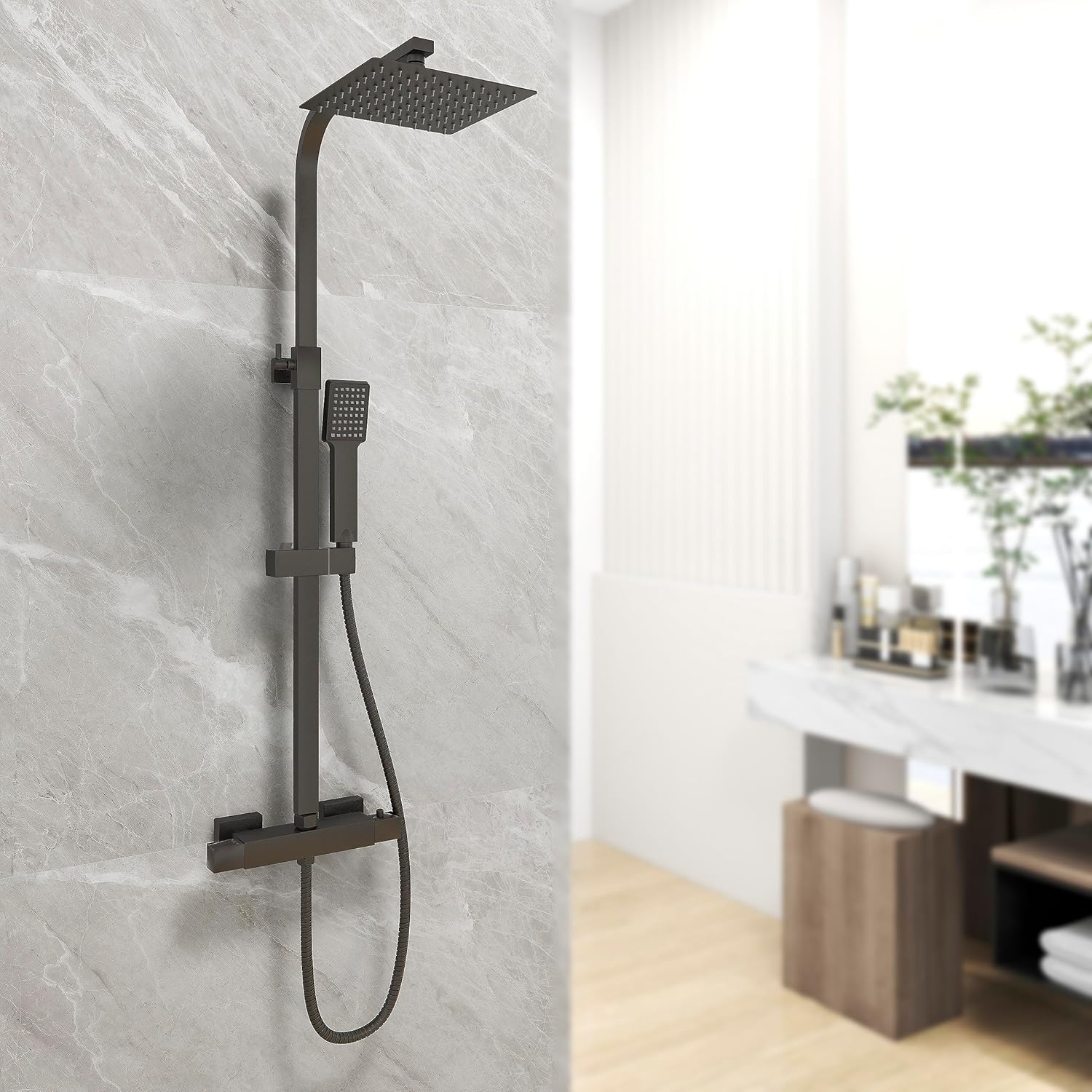 Huibathroom Thermostatic Mixer Shower System Matte Black Square Bathroom Exposed Twin Head Set.