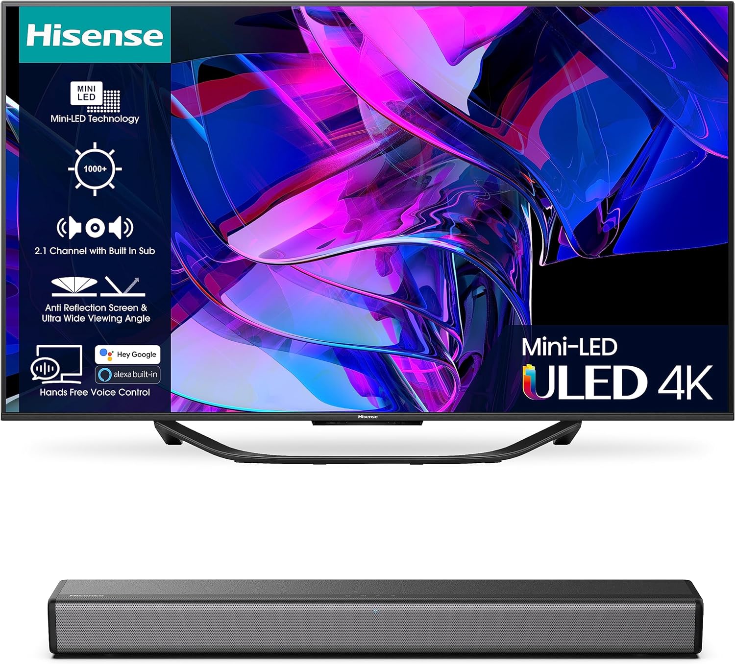 Hisense 144Hz 4K Mini-LED TV U7K and HS214 with Built-in subwoofer, Dolby Audio.