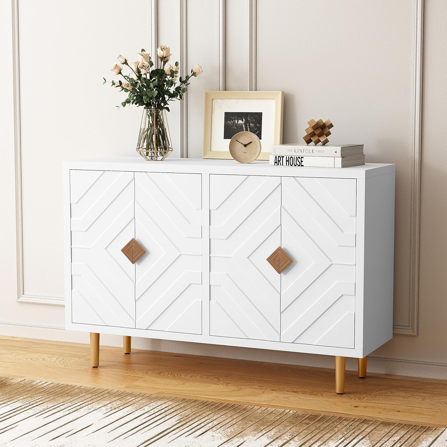 HOLTICO Sideboard with 4 Doors and Shelves, Buffet Table Storage Cabinet Morden Kitchen Cupboard for Kitchen, Living Room, Dining Room, Hallway,White.