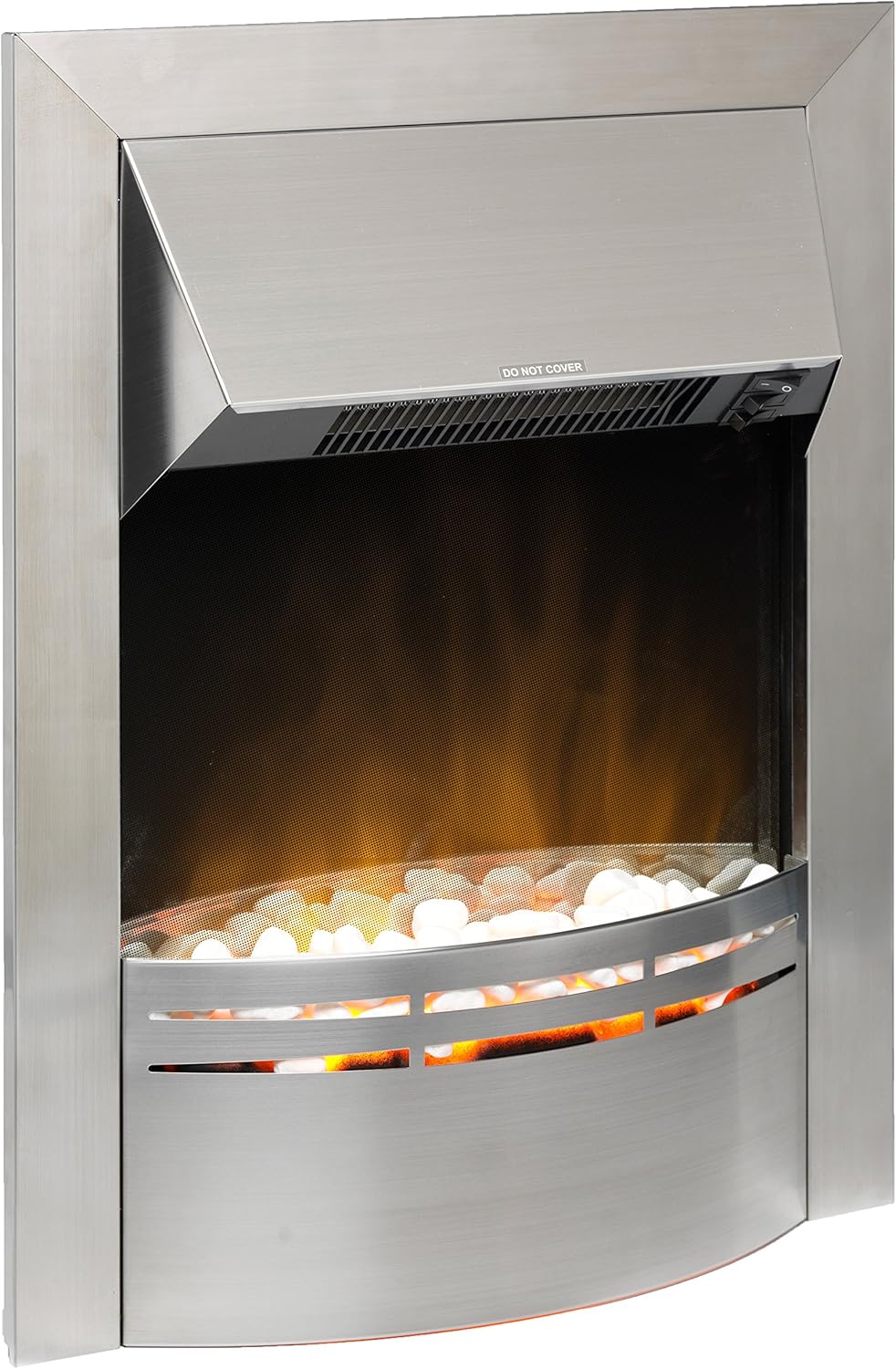 Dimplex Dakota Optiflame Inset Electric Fire, Modern Brushed Stainless Steel Electric Flame Effect Fire, White Pebble Fuel Bed, 2kW Adjustable Fan Heater with Thermostat, Inset Depth 7cm.