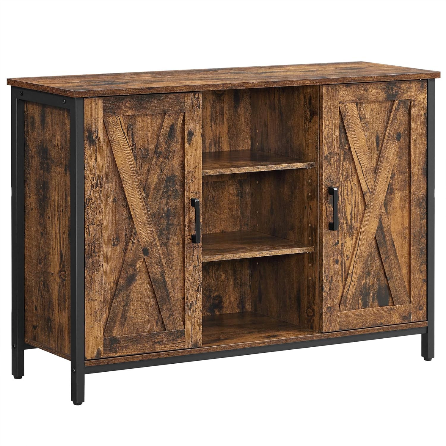 VASAGLE Buffet Table, Sideboard, Storage Cabinet with Cupboard and Shelves, Barn Doors, for Dining Room, Kitchen, Living Room, Hallway, Industrial, Rustic Brown and Black LSC098B01.