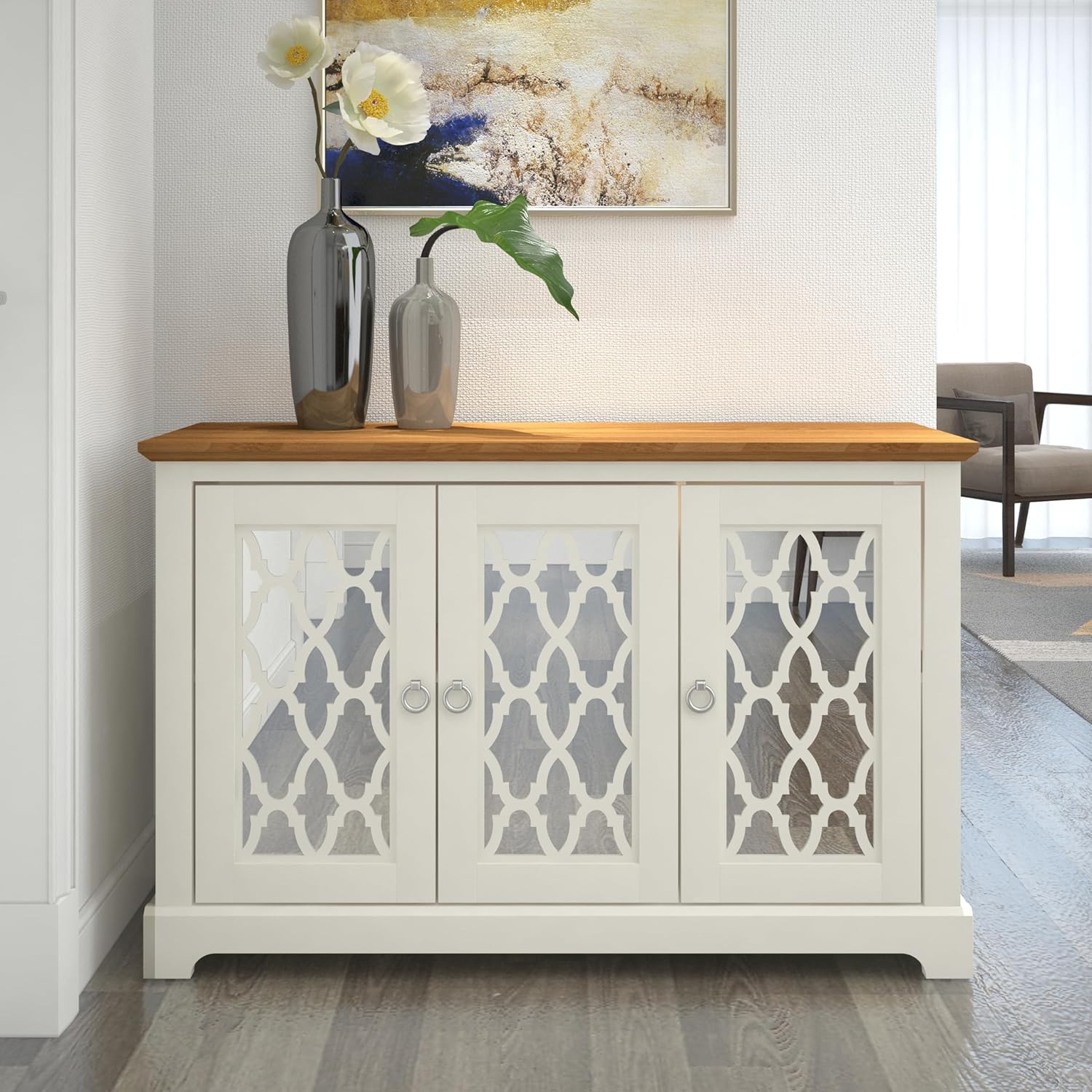 Galano Novara 3 Door Sideboard, Storage Cabinet and Organizers - Display Cupboard Console - Freestanding Cabinet for Living Room, Entryway, Hallway, Kitchen (Ivory/Oak).