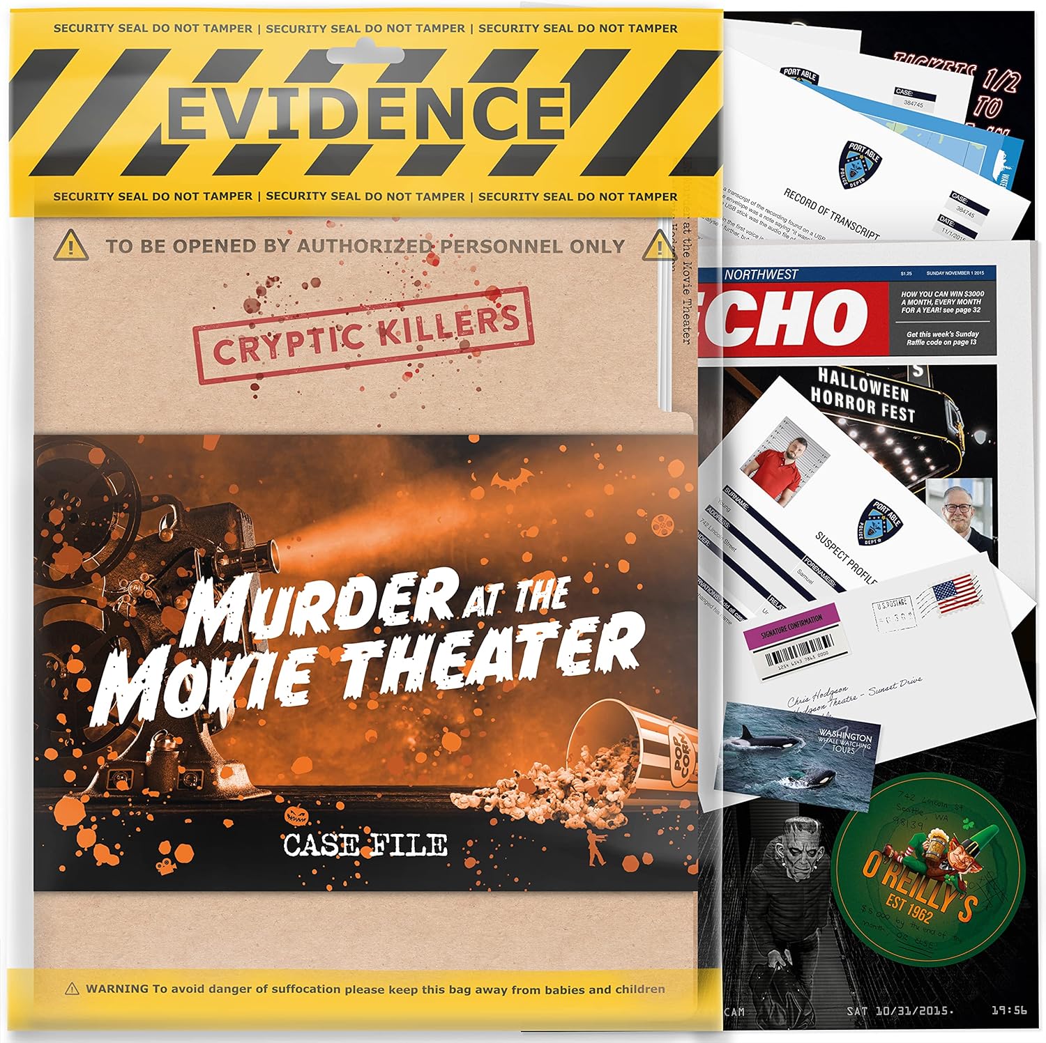 Cryptic Killers Unsolved mystery game - Cold Case Files Investigation - Detective clues/evidence - Solve the crime - Individuals, date nights & party groups - Murder at the Movie Theater.