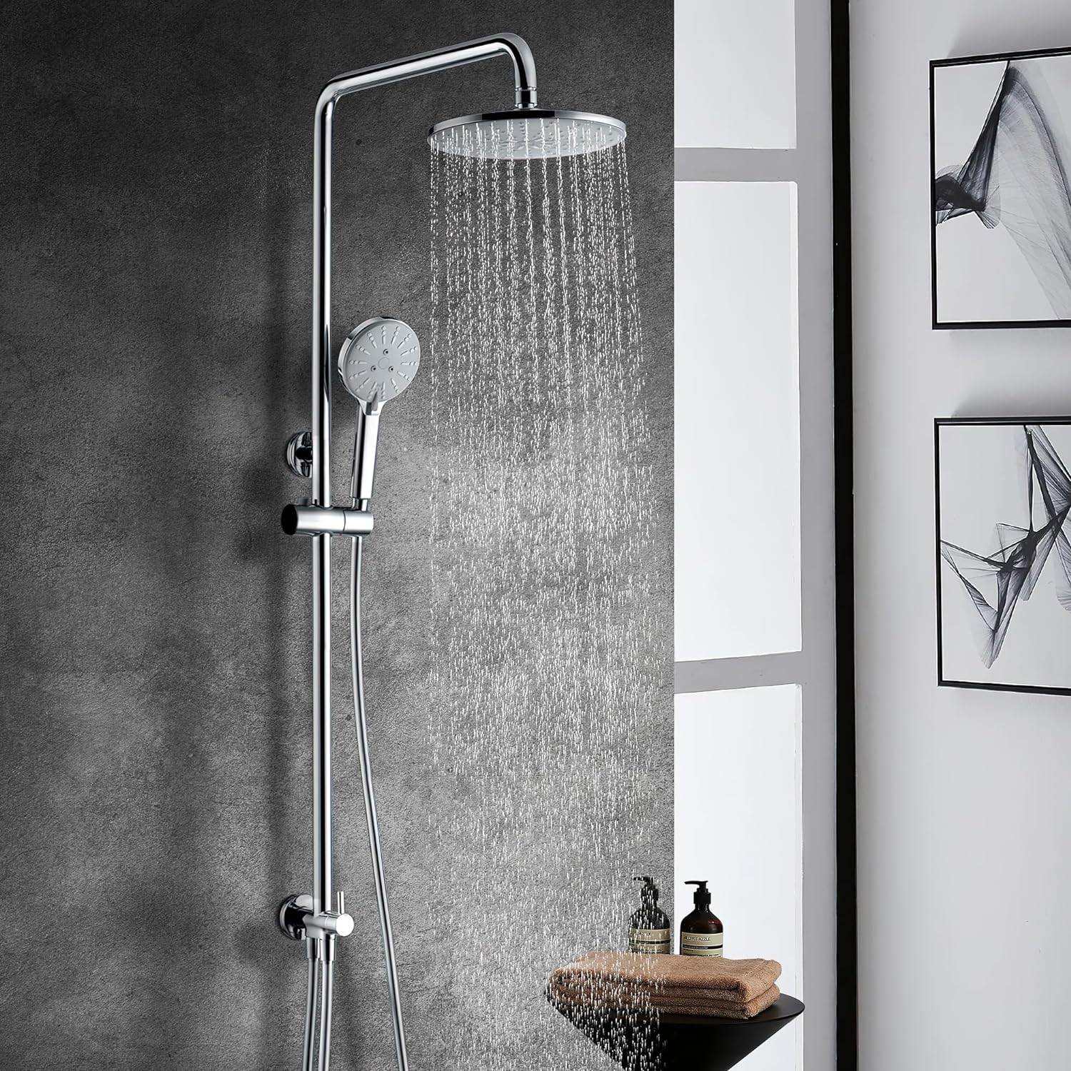 Shower Riser Rail Kit, Uvish Stainless Steel 9” Rain Shower Head with 180cm Hose, Handheld Shower Head, Holder & Brass Shower Diverter, Shower Set with 4 Spray Modes, Chrome.