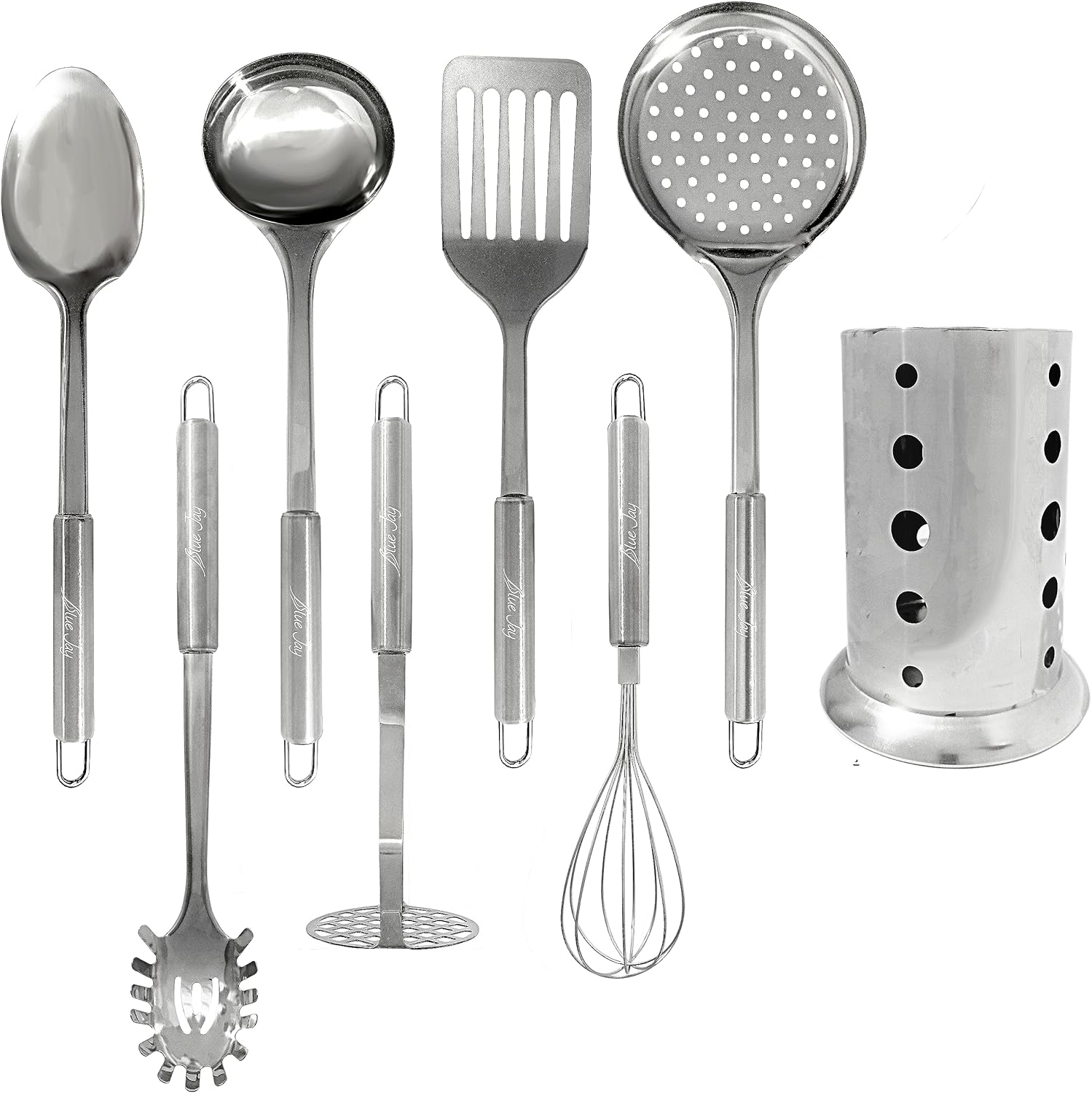 Blue Jay Stainless Steel Kitchen Utensils Set with Holder - 8 Piece Kitchen Accessories - Slotted Spoon, Spatula, Whisk, Potato Masher, Spaghetti Spoon, Ladle, Spoon and Container.