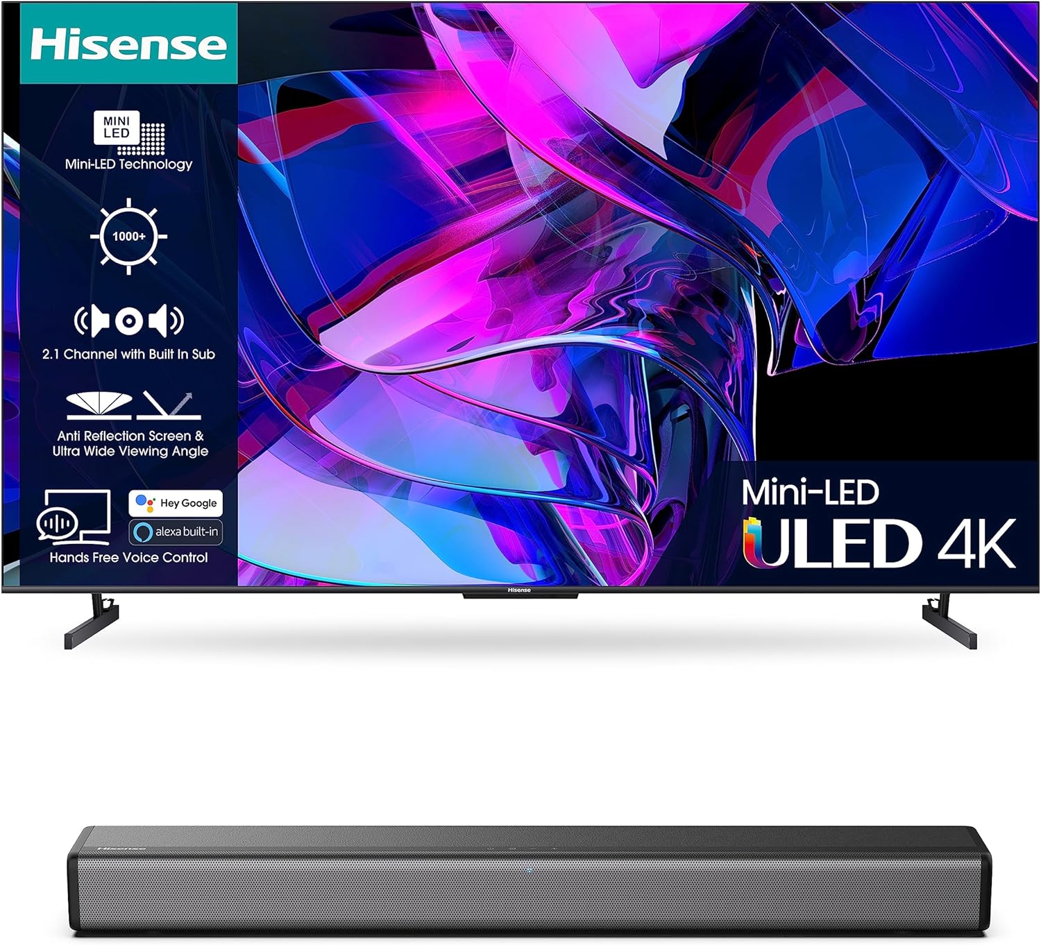 Hisense 144Hz 4K Mini-LED TV U7K and HS214 with Built-in subwoofer, Dolby Audio.