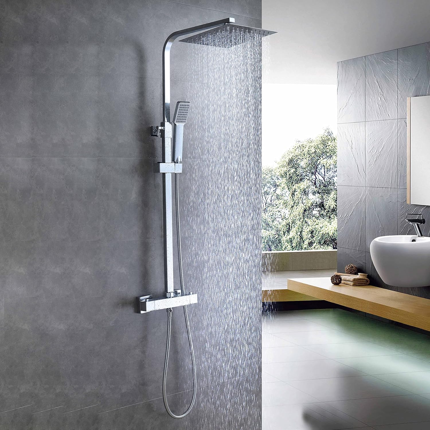 Huiyang Bathroom Thermostatic Valve Shower Mixer Set, HandHeld Shower and with Adjustable 8" Overhead Rainfall Shower Taps, Twin Head & Body Chrome Plated Set.