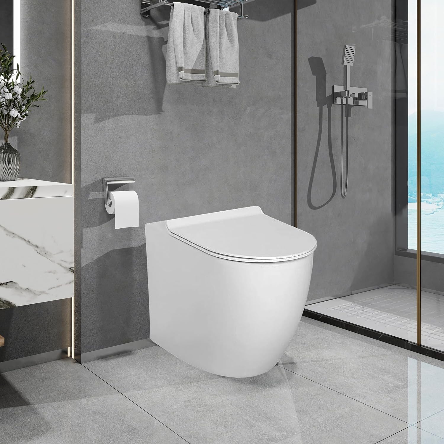 Rimless Comfort Height Toilets Back to Wall Toilet White Ceramic BTW Bathroom WC Pan & Concealed Cistern Soft Close Seat Modern Round Elongated Eco Flush Bathrooms Toilet.