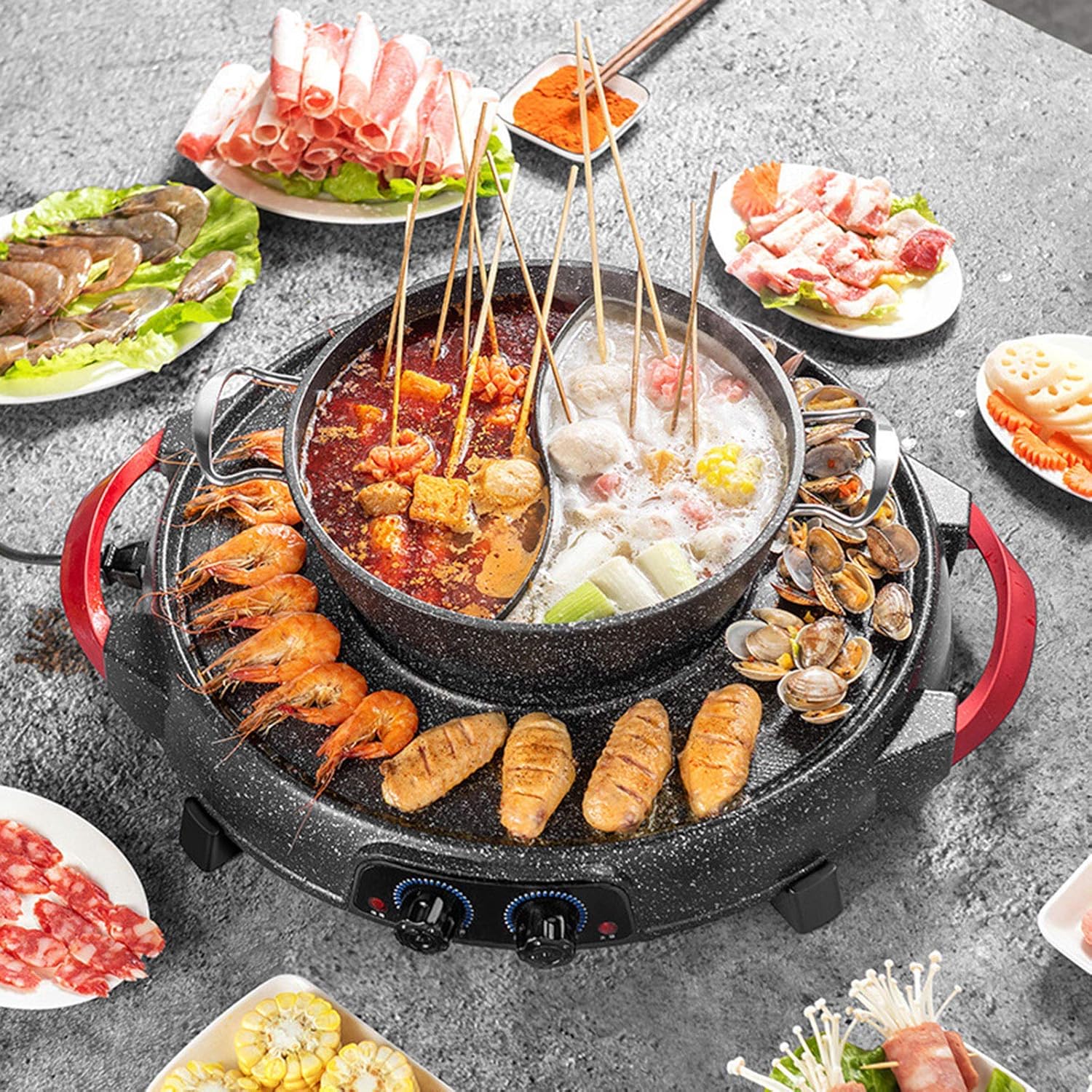 sjdoPulse Electric Grill Pan With Hot Pot, 2 In 1 Electric Smokeless Barbecue Grill And Hot Pot Bbq Frying Cook Grill Non-Stick Multi Cooker Double Pot Soup Maker, Dual Temperature Control.