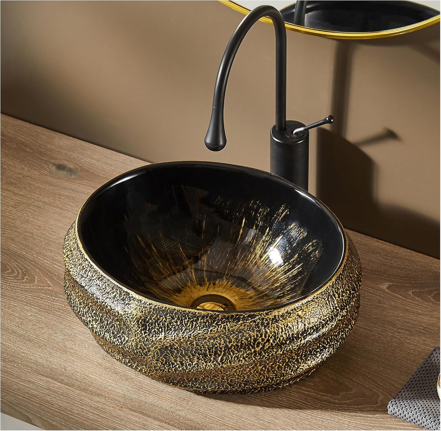 MEJE 45x40cm Oval Bathroom Vessel Sink, Antique Pattern Design, above Counter Art Basin,Porcelain Ceramic Countertop Vanity Sink, Vintage Gold (Include pop up drain).