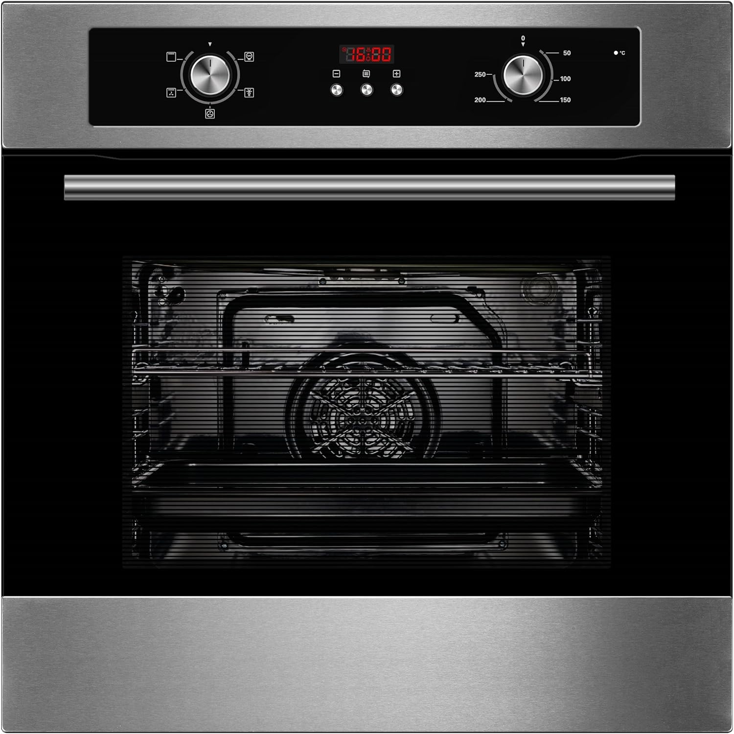 Cookology COF605S 60cm 65 Litre Capacity, Installed Built In Electric Fan Oven, Integrated Single Fan Oven with Mechanical Dial Timer and Grill - in Stainless Steel.