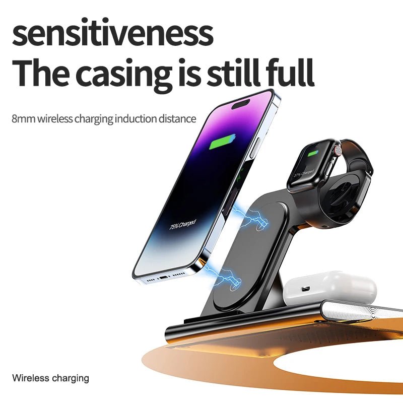 3-in-1 15W Fast Wireless Charger for iPhone iWatch air pods Earphones Portable RGB Magnetic Holder fast wireless charger A80.